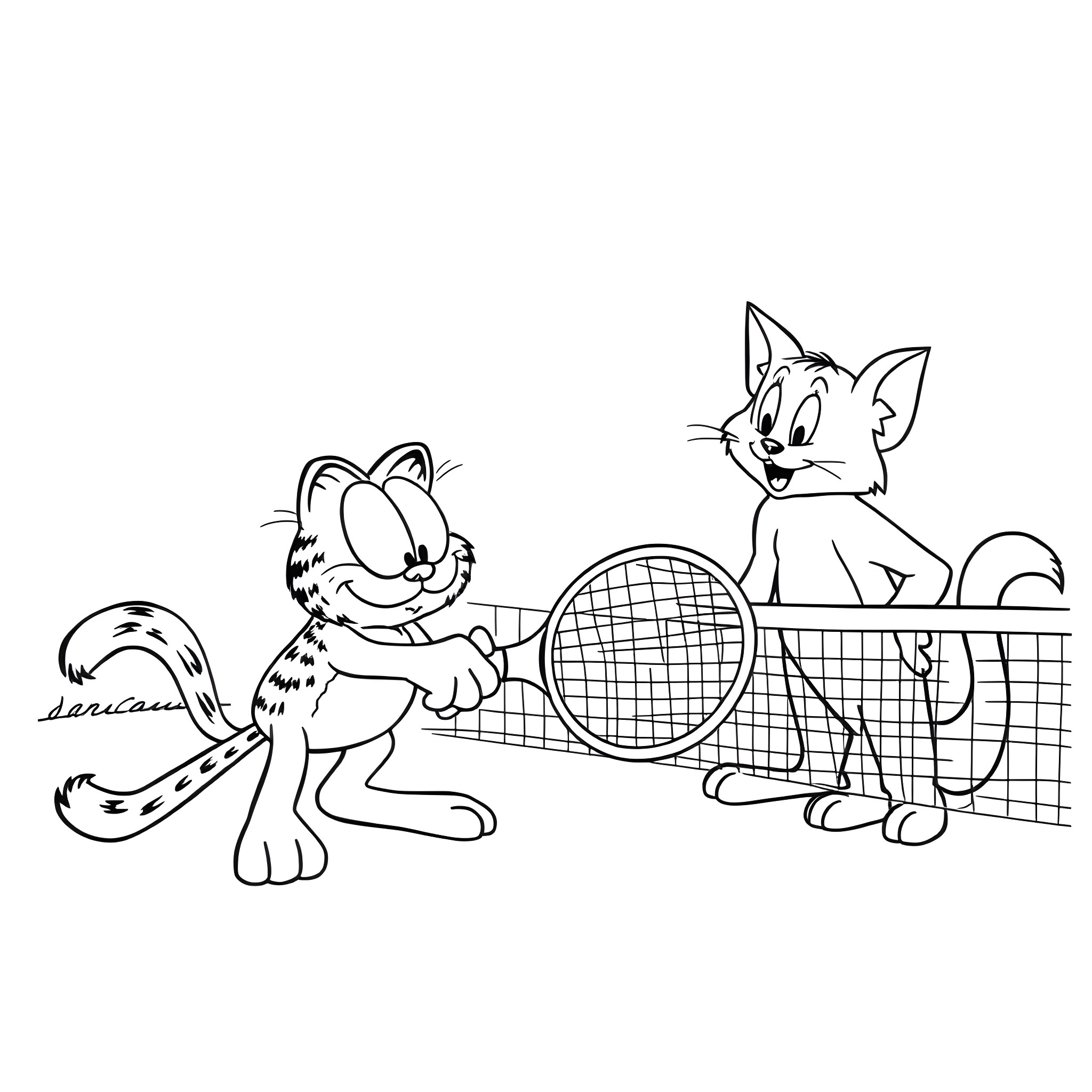 Garfield and Tom playing tennis on the court Coloring Page (free black-and-white line drawing printable PDF for all, from beginners to advanced learners, including children, teens, adults, and seniors)
