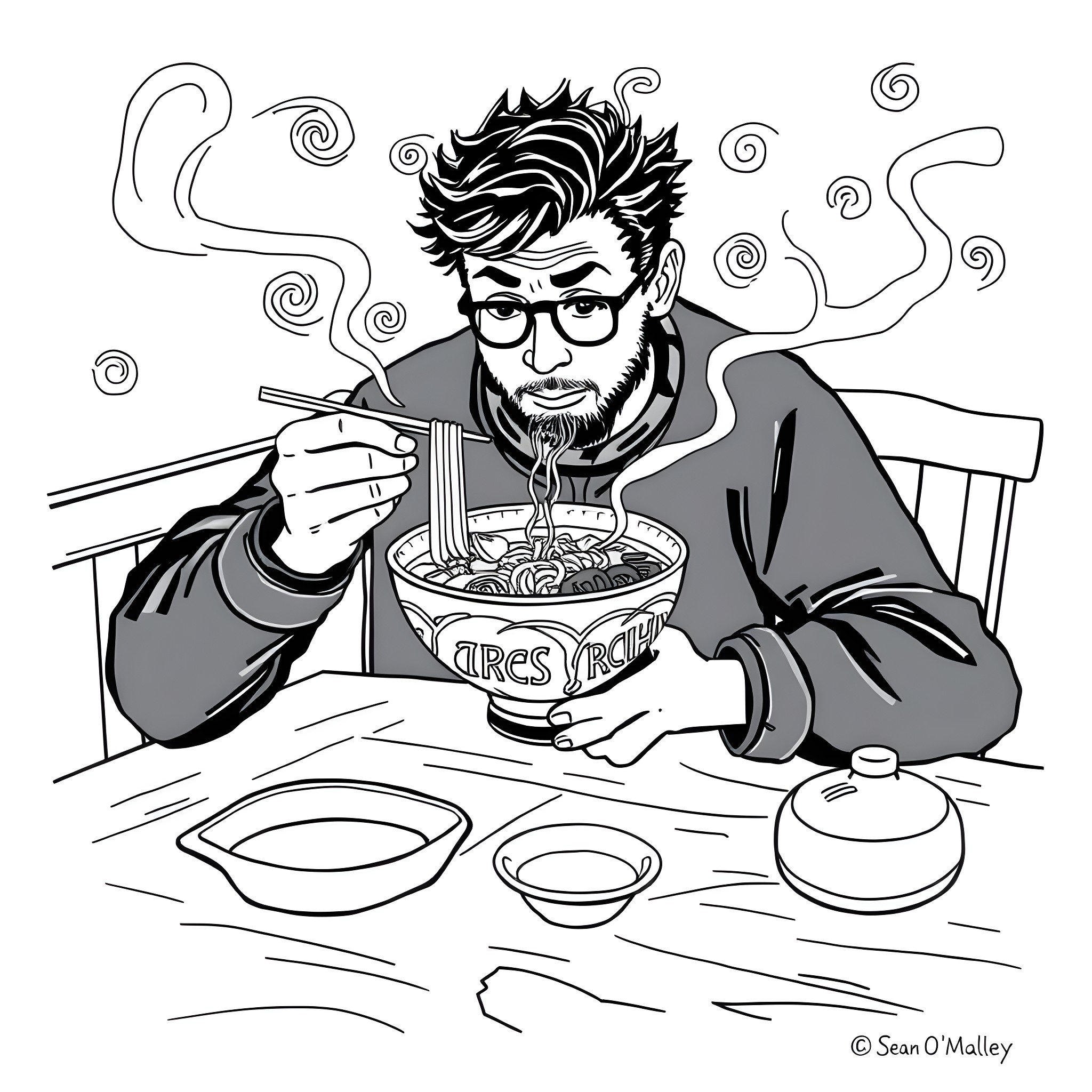 Sean O'Malley Enjoying a Steaming Bowl of Noodles Coloring Page (free black-and-white line drawing printable PDF for all, from beginners to advanced learners, including children, teens, adults, and seniors)