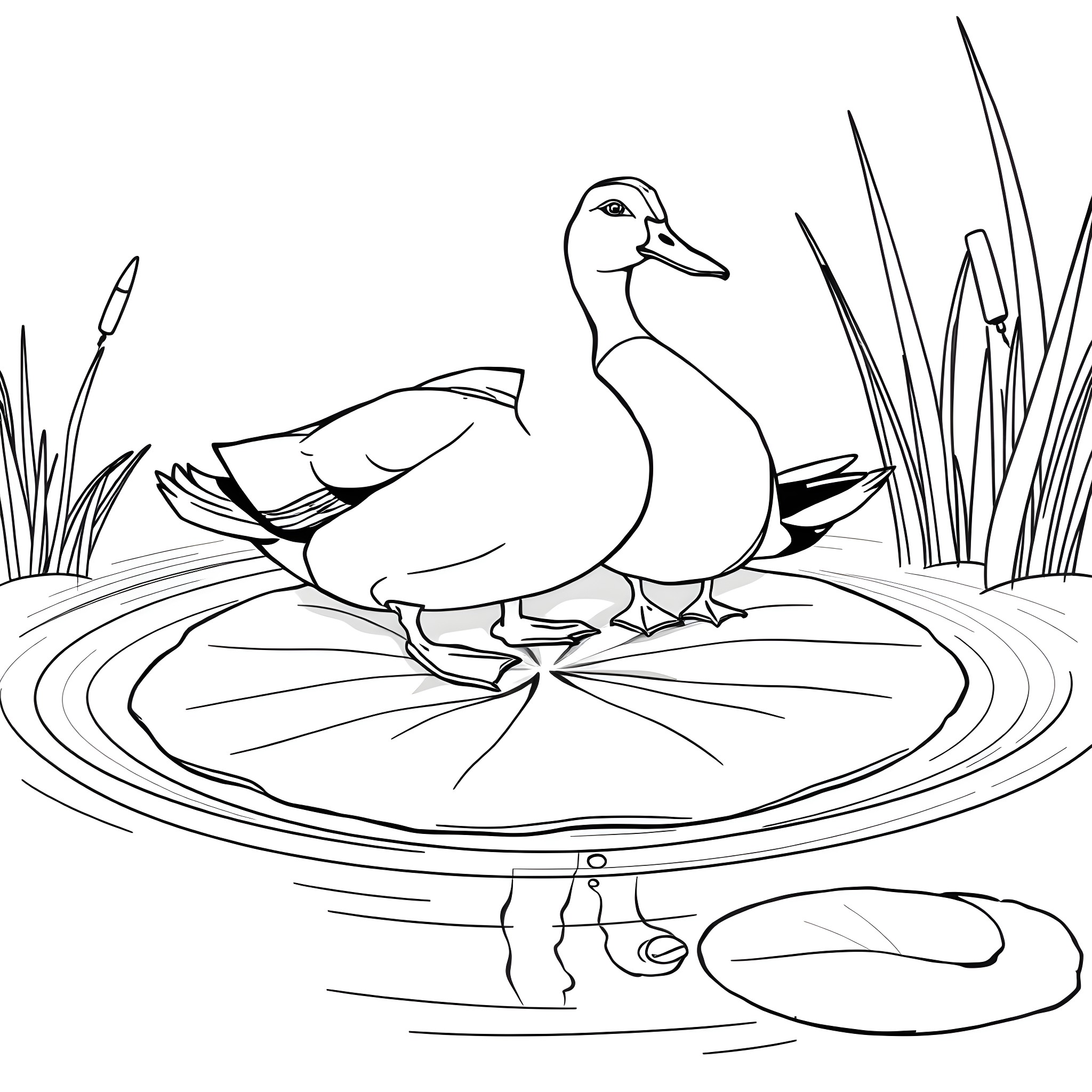 Duck pair swimming gracefully in pond Coloring Page (free black-and-white line drawing printable PDF for all, from beginners to advanced learners, including children, teens, adults, and seniors)