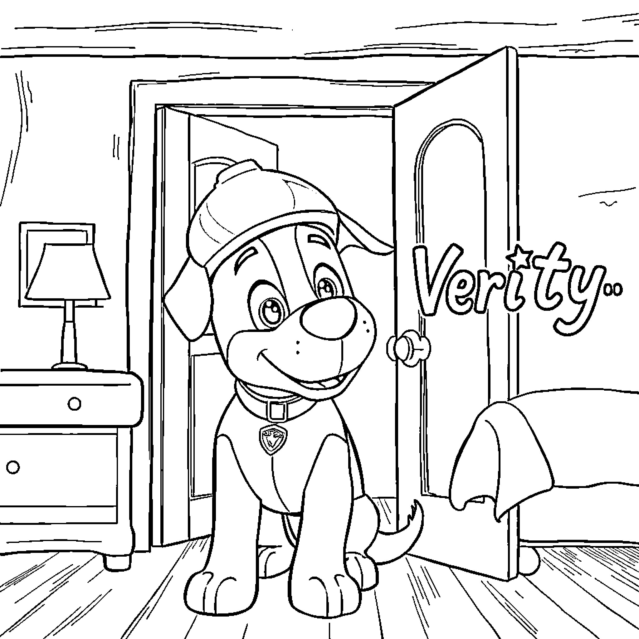 Marshall Puppy Entering a Room Happily Coloring Page (free black-and-white line drawing printable PDF for all, from beginners to advanced learners, including children, teens, adults, and seniors)