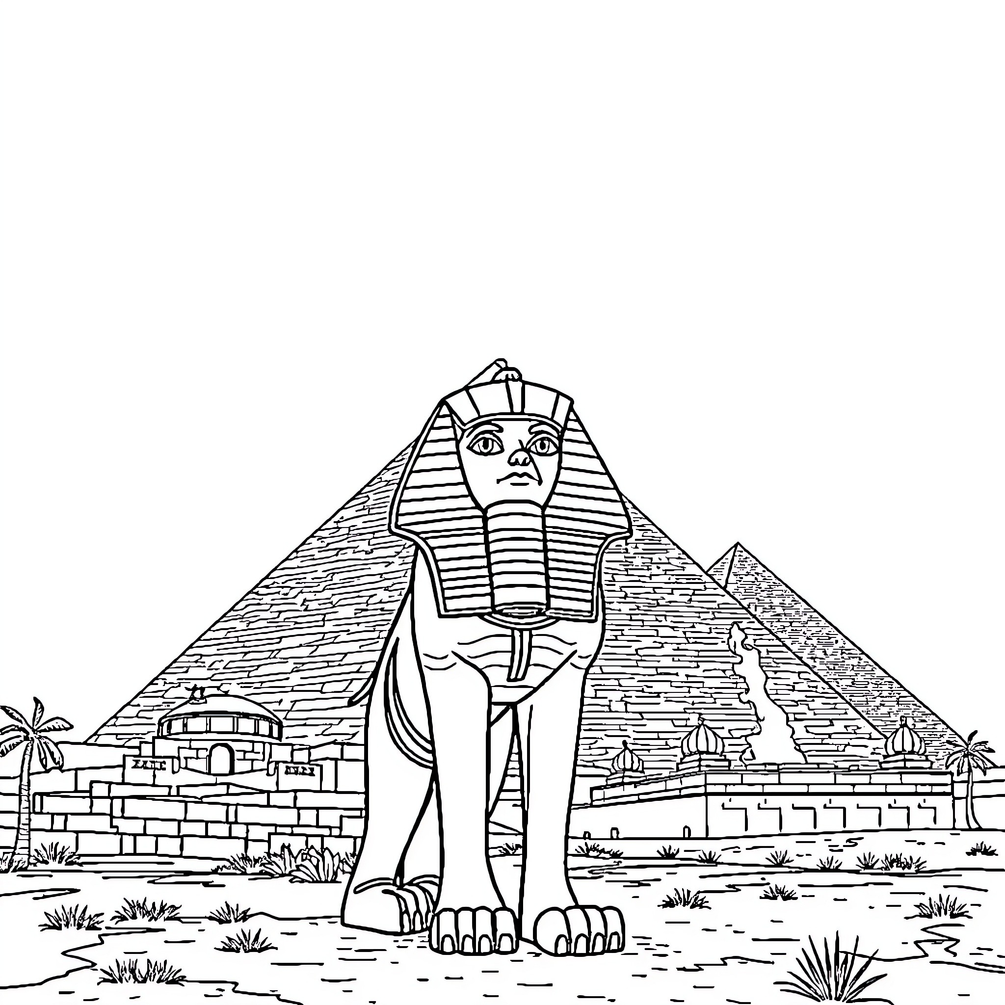Cemican: Ancient Egyptian Sphinx and Pyramids Coloring Page (free black-and-white line drawing printable PDF for all, from beginners to advanced learners, including children, teens, adults, and seniors)