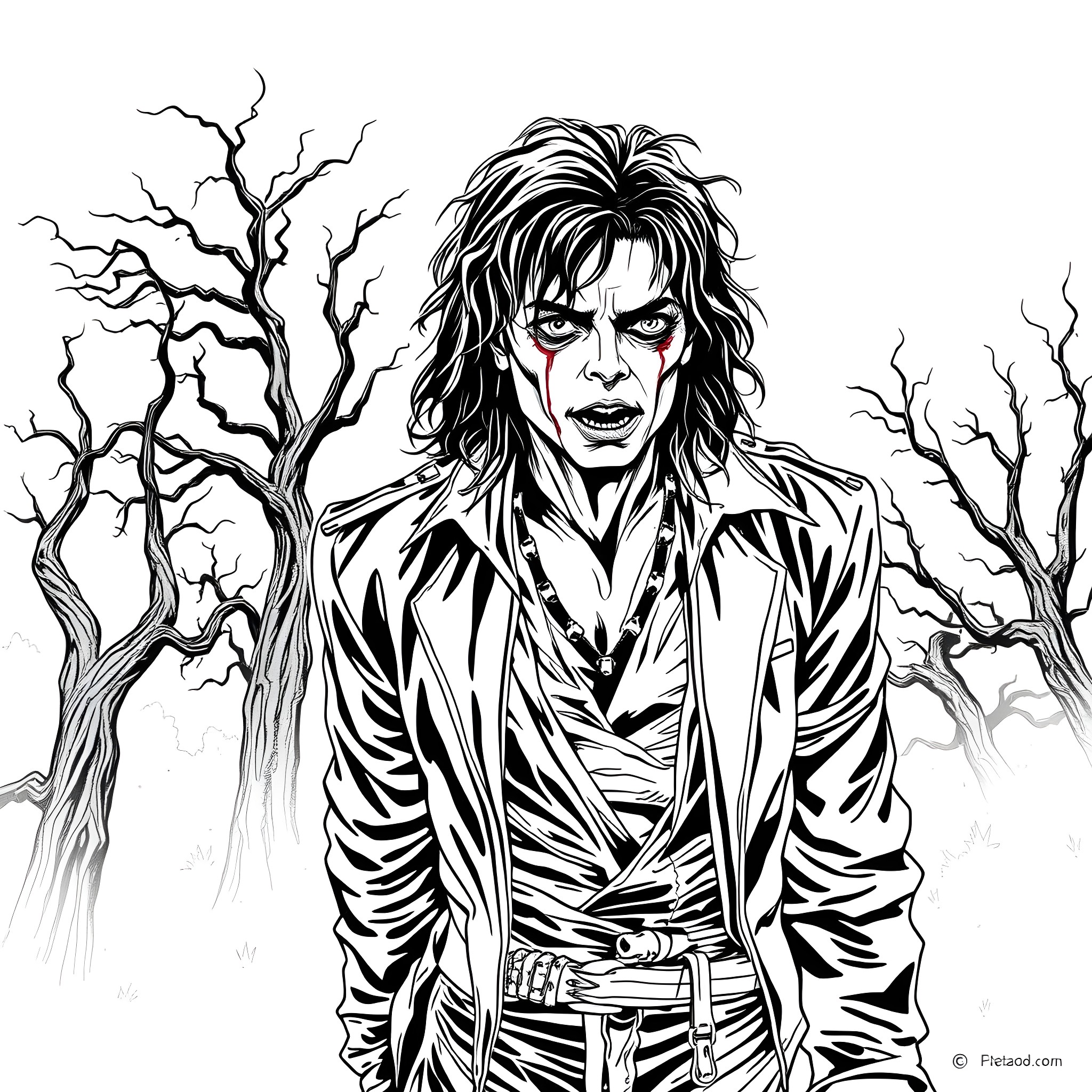 Michael Jackson in a Haunting Pose Coloring Page (free black-and-white line drawing printable PDF for all, from beginners to advanced learners, including children, teens, adults, and seniors)