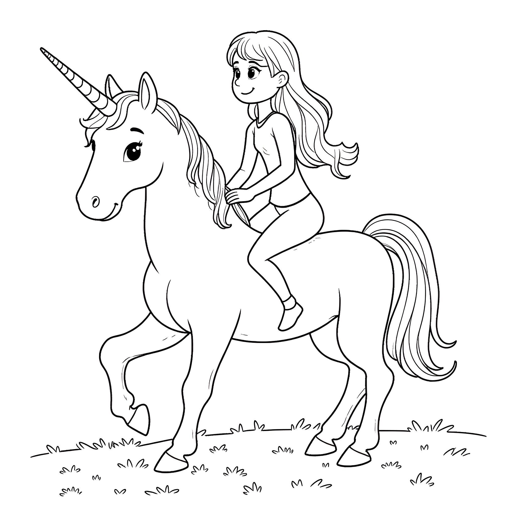 Bluey riding a magical unicorn in a field Coloring Page (free black-and-white line drawing printable PDF for all, from beginners to advanced learners, including children, teens, adults, and seniors)