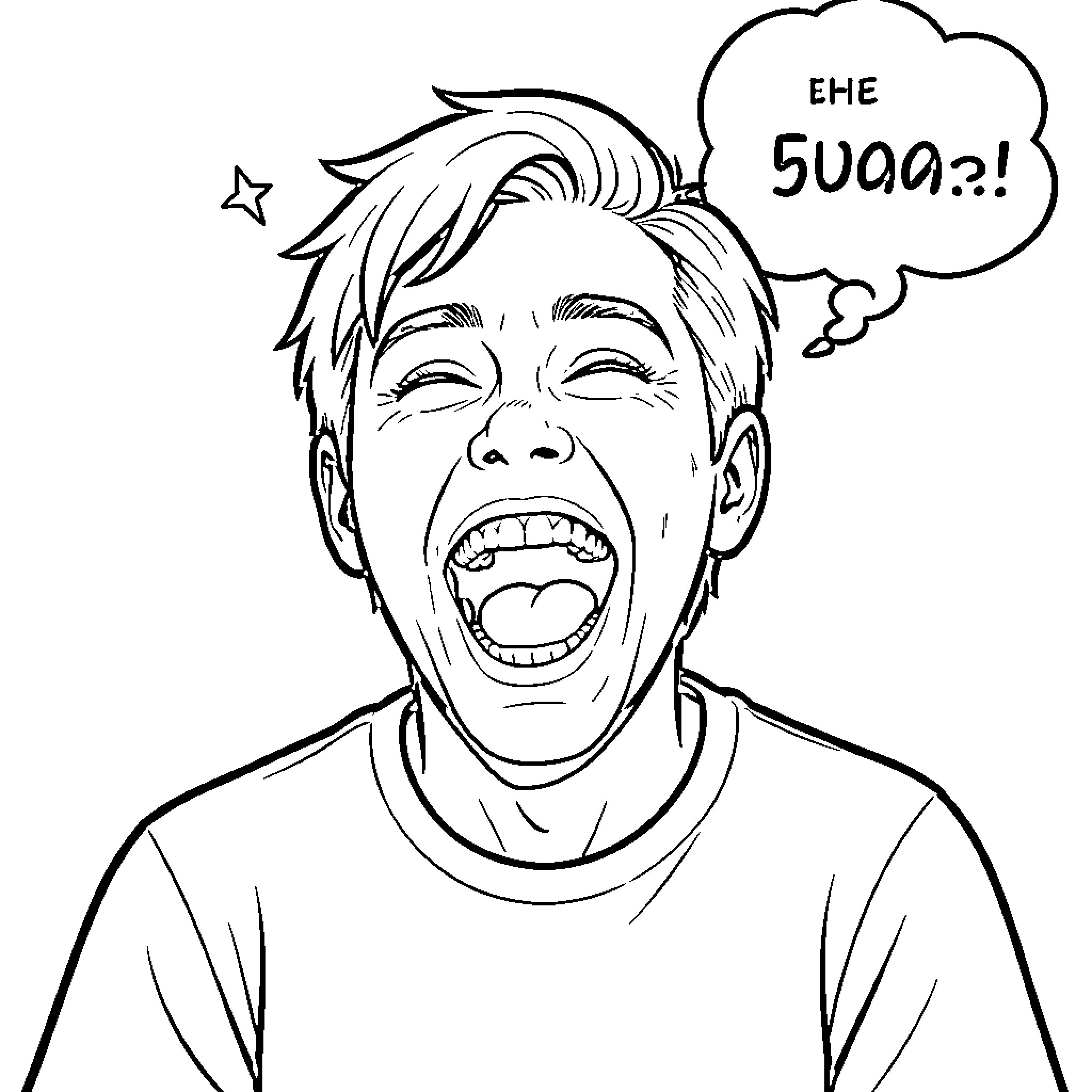 LOL Young man laughing hysterically with a speech bubble Coloring Page (free black-and-white line drawing printable PDF for all, from beginners to advanced learners, including children, teens, adults, and seniors)