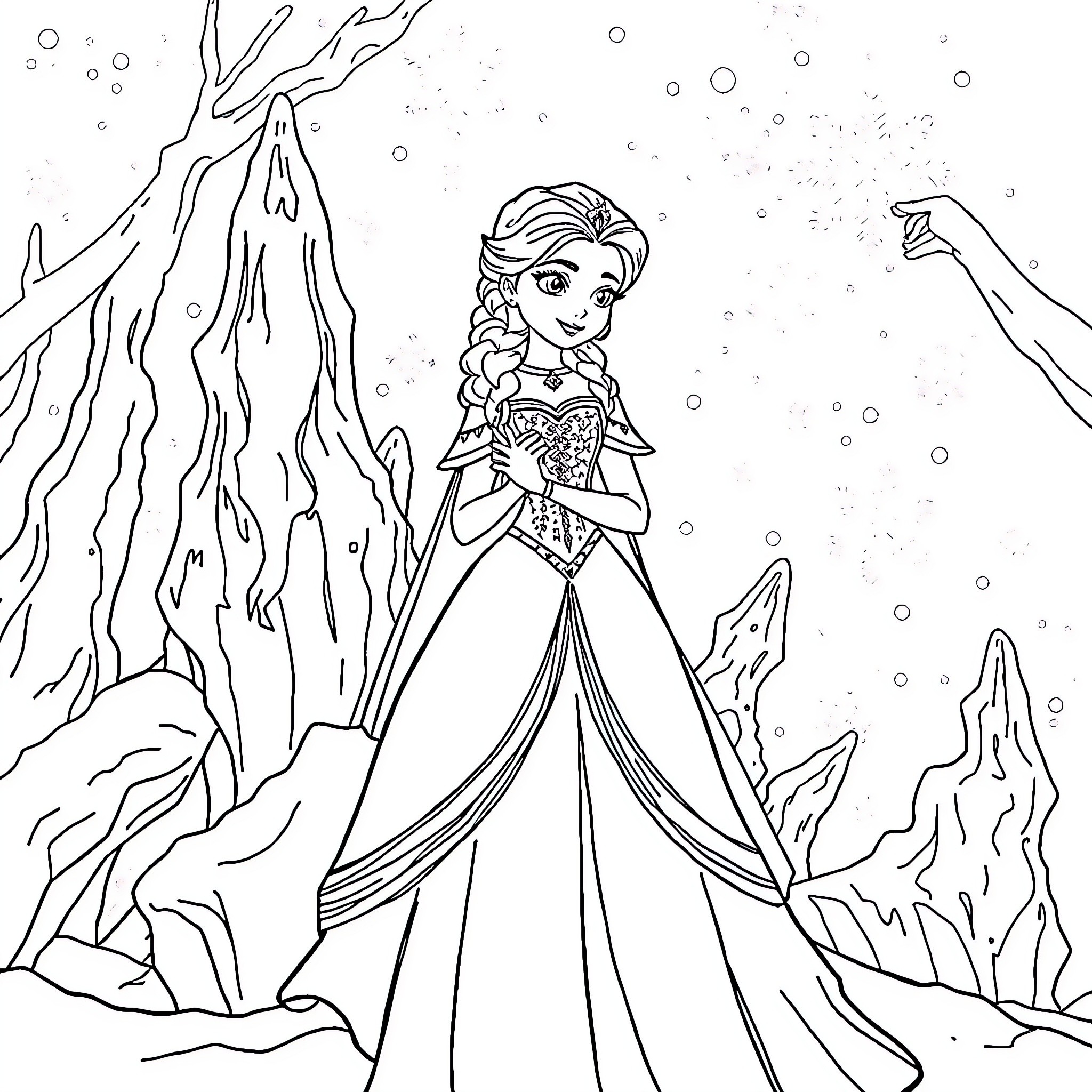 Snow Queen in Icy Winter Wonderland Coloring Page (free black-and-white line drawing printable PDF for all, from beginners to advanced learners, including children, teens, adults, and seniors)