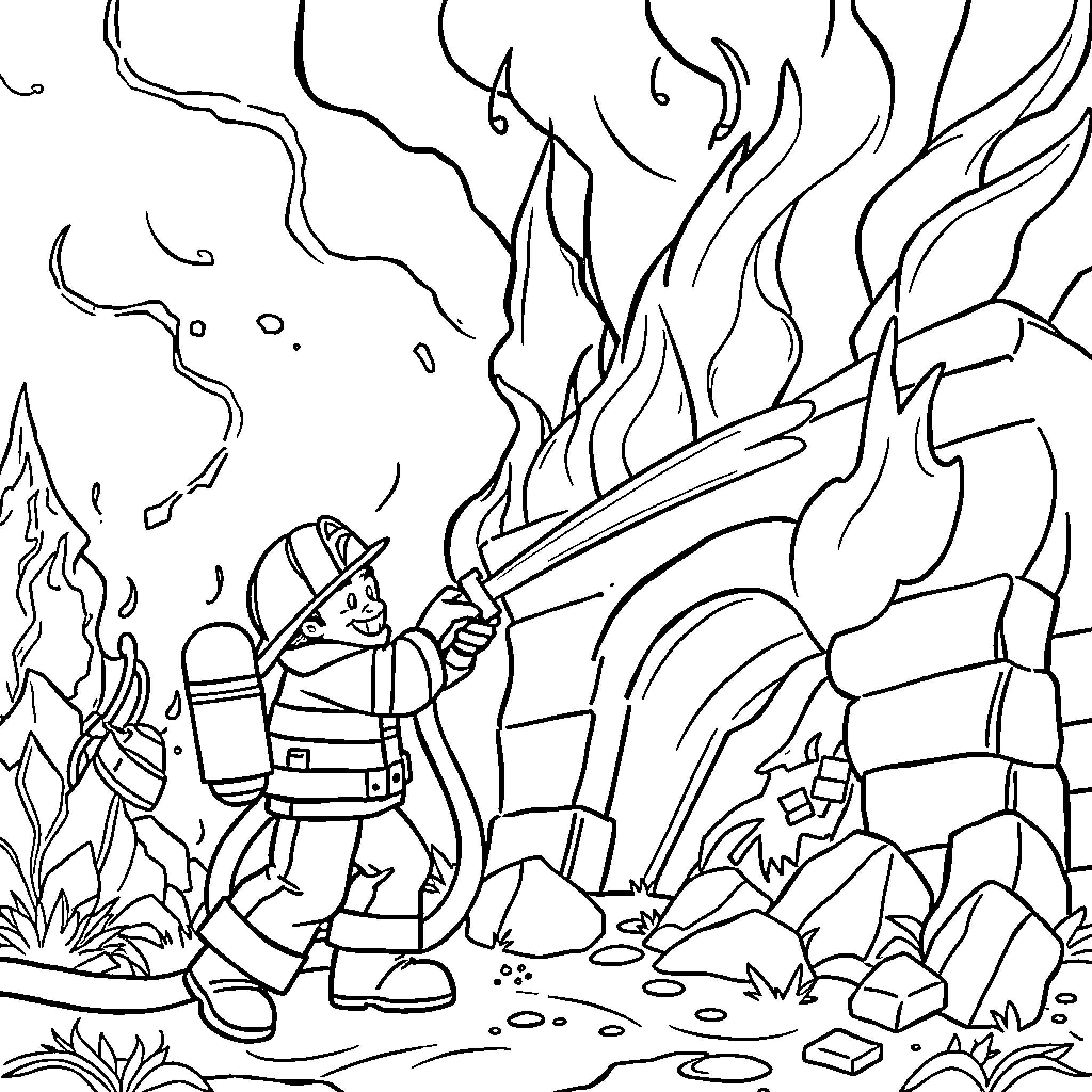Firefighter battling blazing flames in wilderness Coloring Page (free black-and-white line drawing printable PDF for all, from beginners to advanced learners, including children, teens, adults, and seniors)