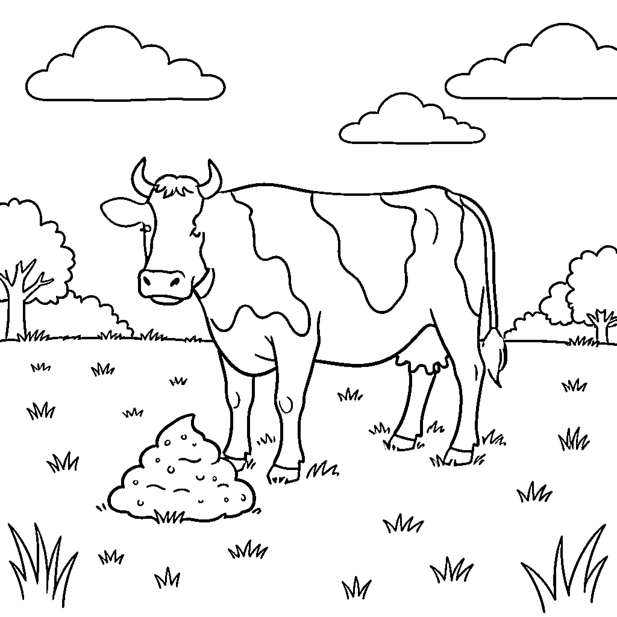 Cow standing in a field with clouds Coloring Page (free black-and-white line drawing printable PDF for all, from beginners to advanced learners, including children, teens, adults, and seniors)