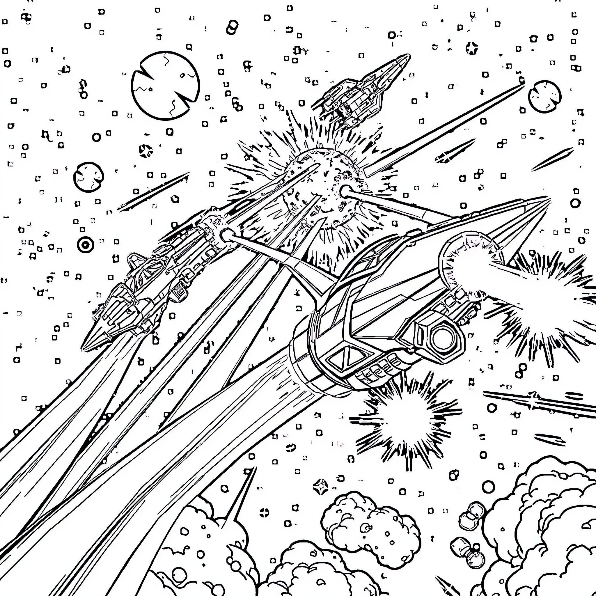 Space Ship Battling Cosmic Dangers in the Void Coloring Page (free black-and-white line drawing printable PDF for all, from beginners to advanced learners, including children, teens, adults, and seniors)