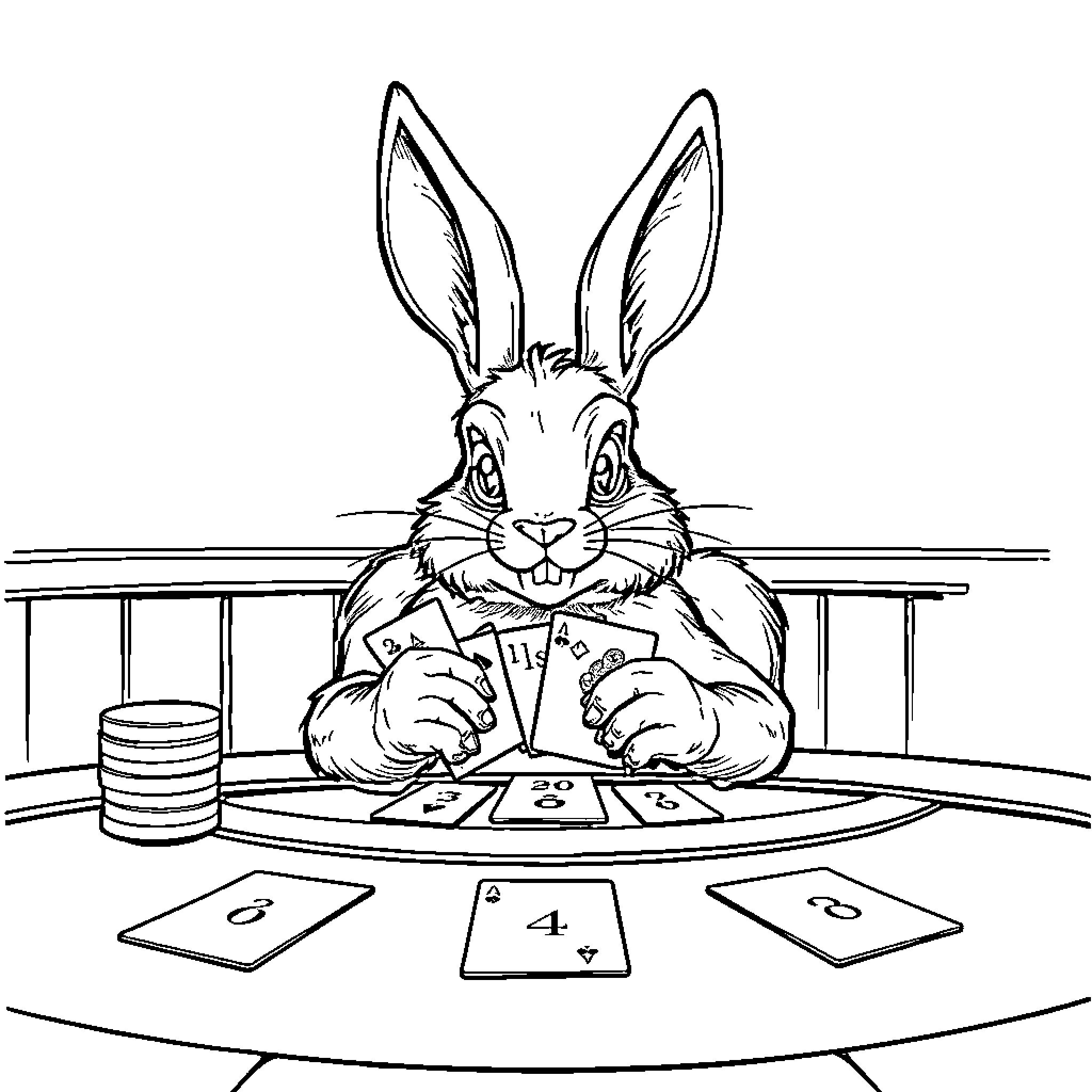Bunny playing cards at the casino Coloring Page (free black-and-white line drawing printable PDF for all, from beginners to advanced learners, including children, teens, adults, and seniors)