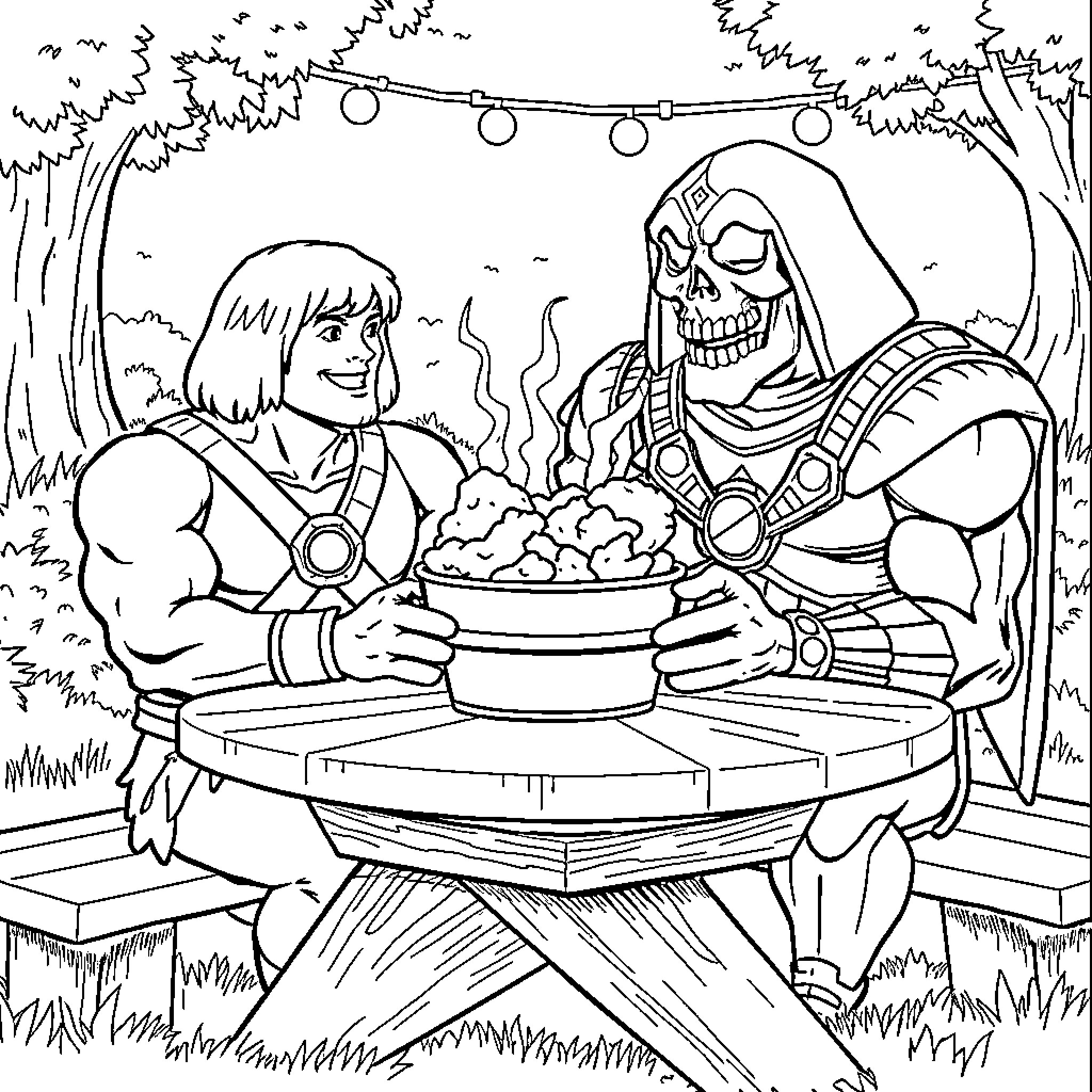 He-Man and Skeletor Enjoy a Hearty Meal in the Enchanted Forest Coloring Page (free black-and-white line drawing printable PDF for all, from beginners to advanced learners, including children, teens, adults, and seniors)