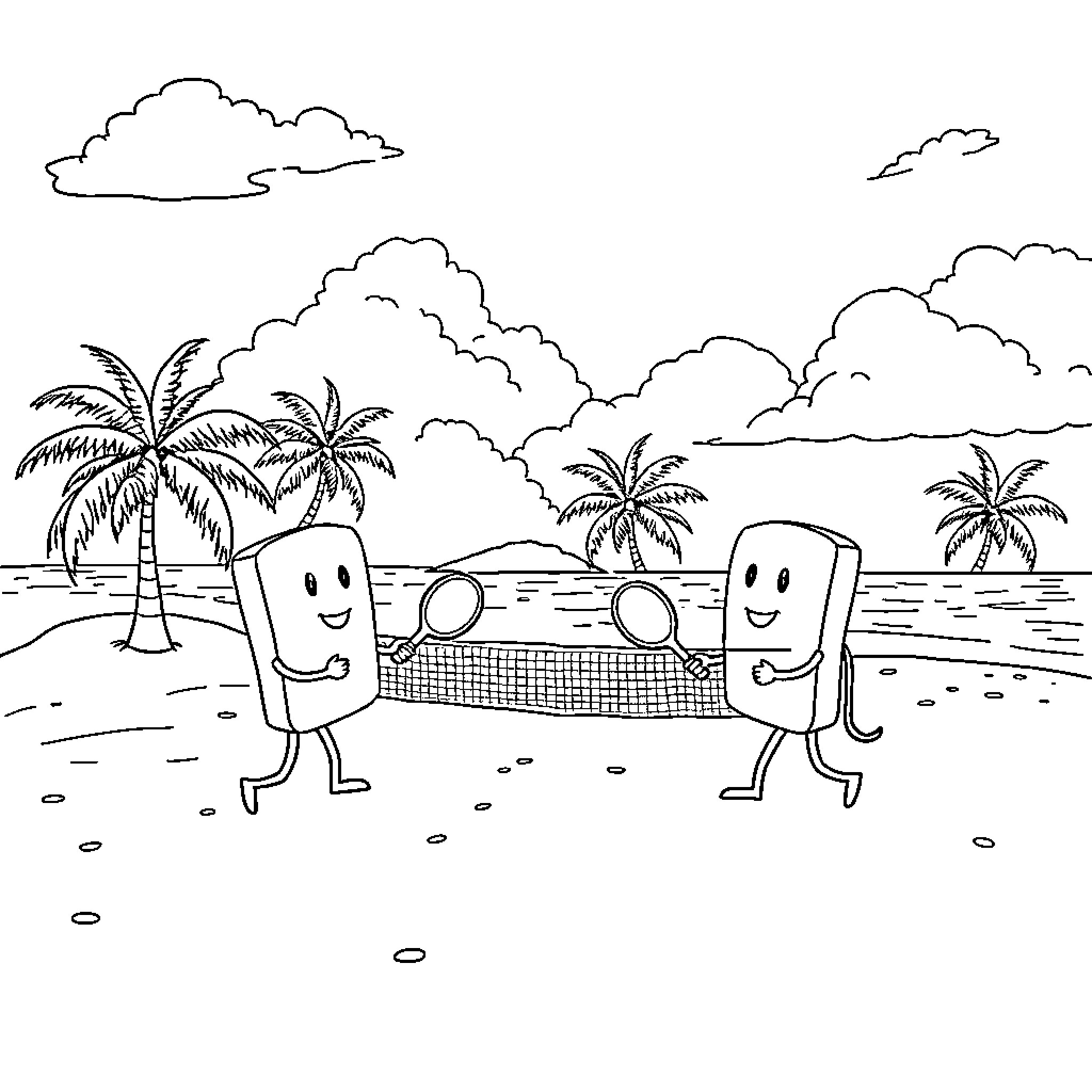 Breadstick characters playing on the beach Coloring Page (free black-and-white line drawing printable PDF for all, from beginners to advanced learners, including children, teens, adults, and seniors)