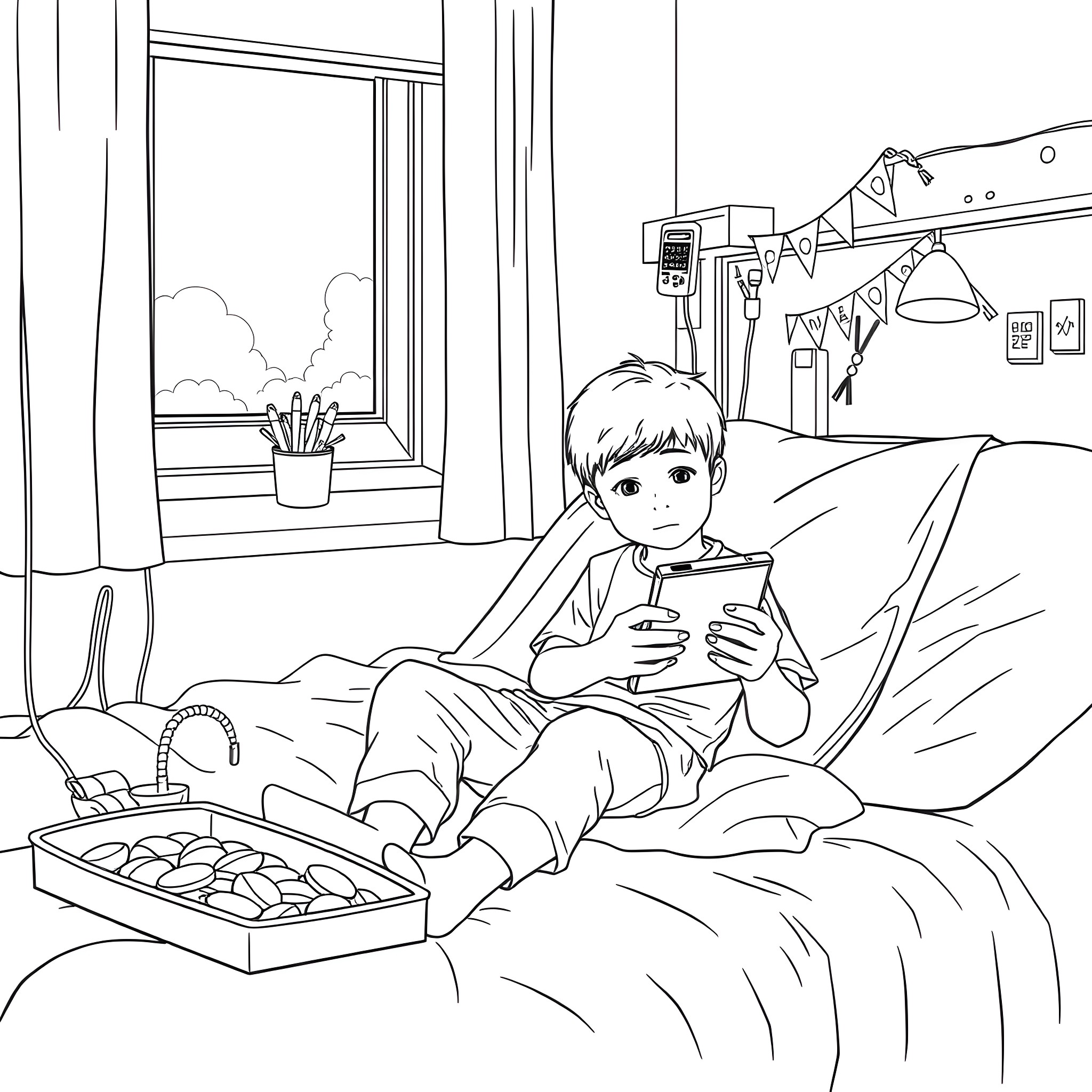 Boy relaxing in bed with electronic device Coloring Page (free black-and-white line drawing printable PDF for all, from beginners to advanced learners, including children, teens, adults, and seniors)