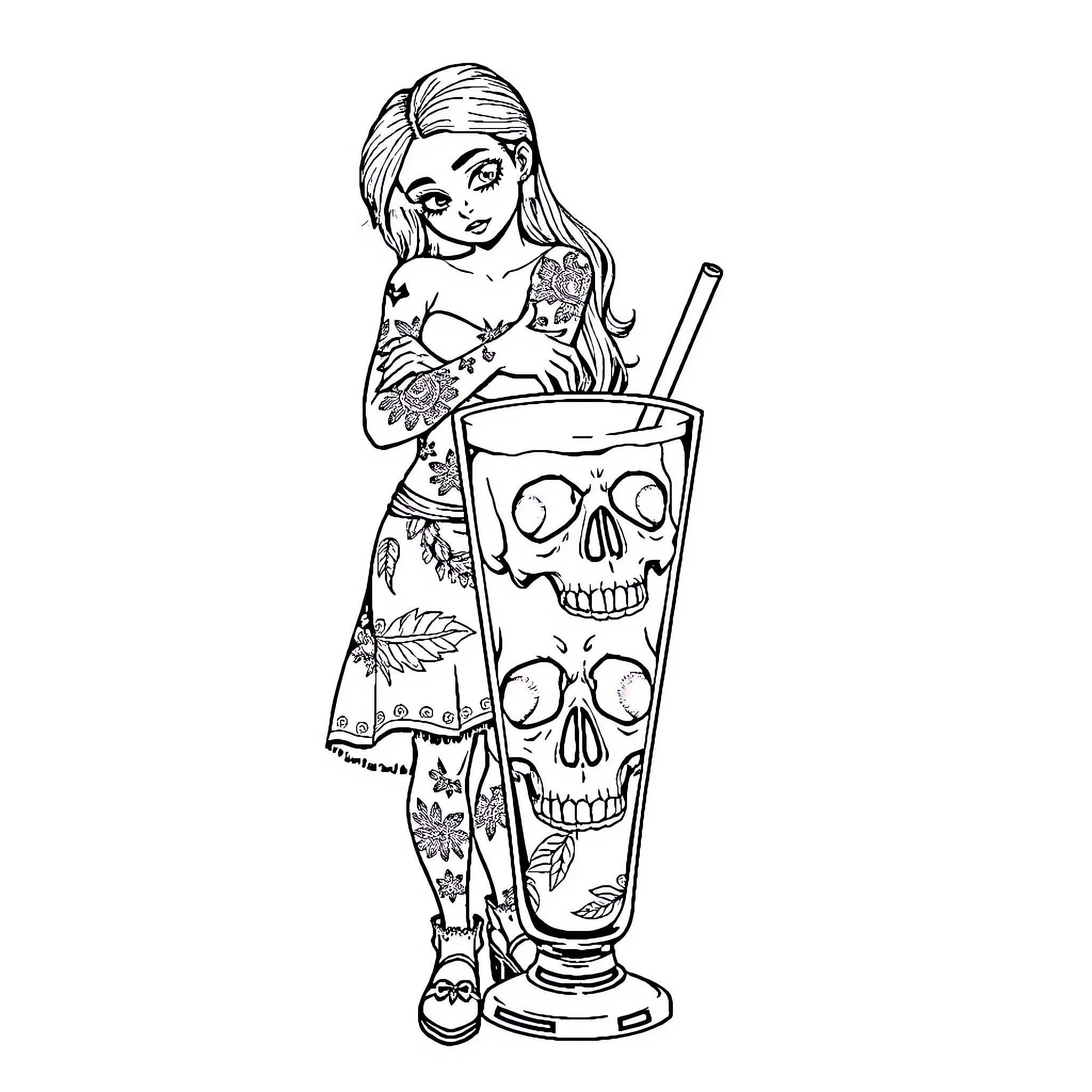 Girl with Tattoos Holding Skull-Patterned Drink Coloring Page (free black-and-white line drawing printable PDF for all, from beginners to advanced learners, including children, teens, adults, and seniors)