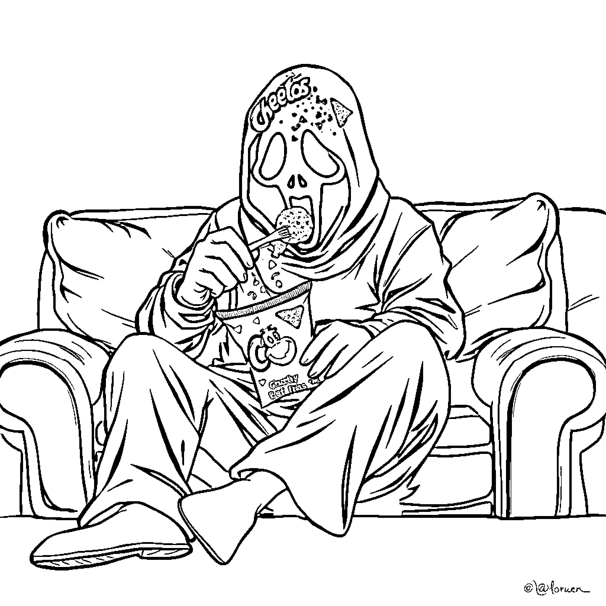 Ghostface relaxing on the sofa with a spooky book Coloring Page (free black-and-white line drawing printable PDF for all, from beginners to advanced learners, including children, teens, adults, and seniors)