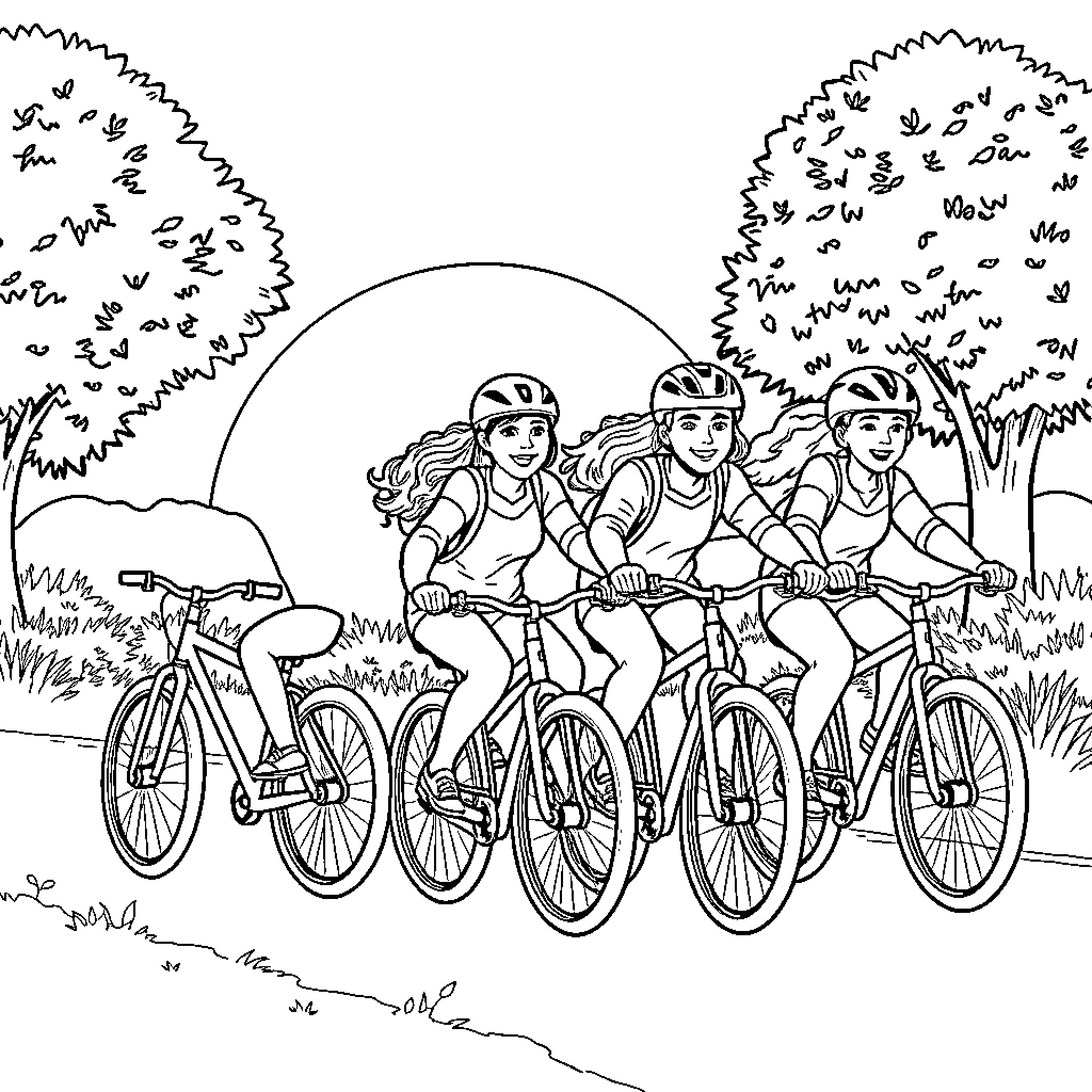 Bike ride with friends through nature Coloring Page (free black-and-white line drawing printable PDF for all, from beginners to advanced learners, including children, teens, adults, and seniors)