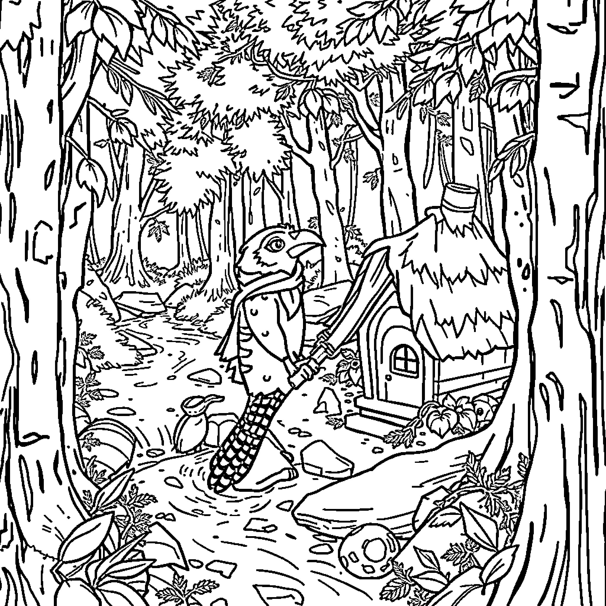 Castor's Adventure in the Magical Forest Coloring Page (free black-and-white line drawing printable PDF for all, from beginners to advanced learners, including children, teens, adults, and seniors)