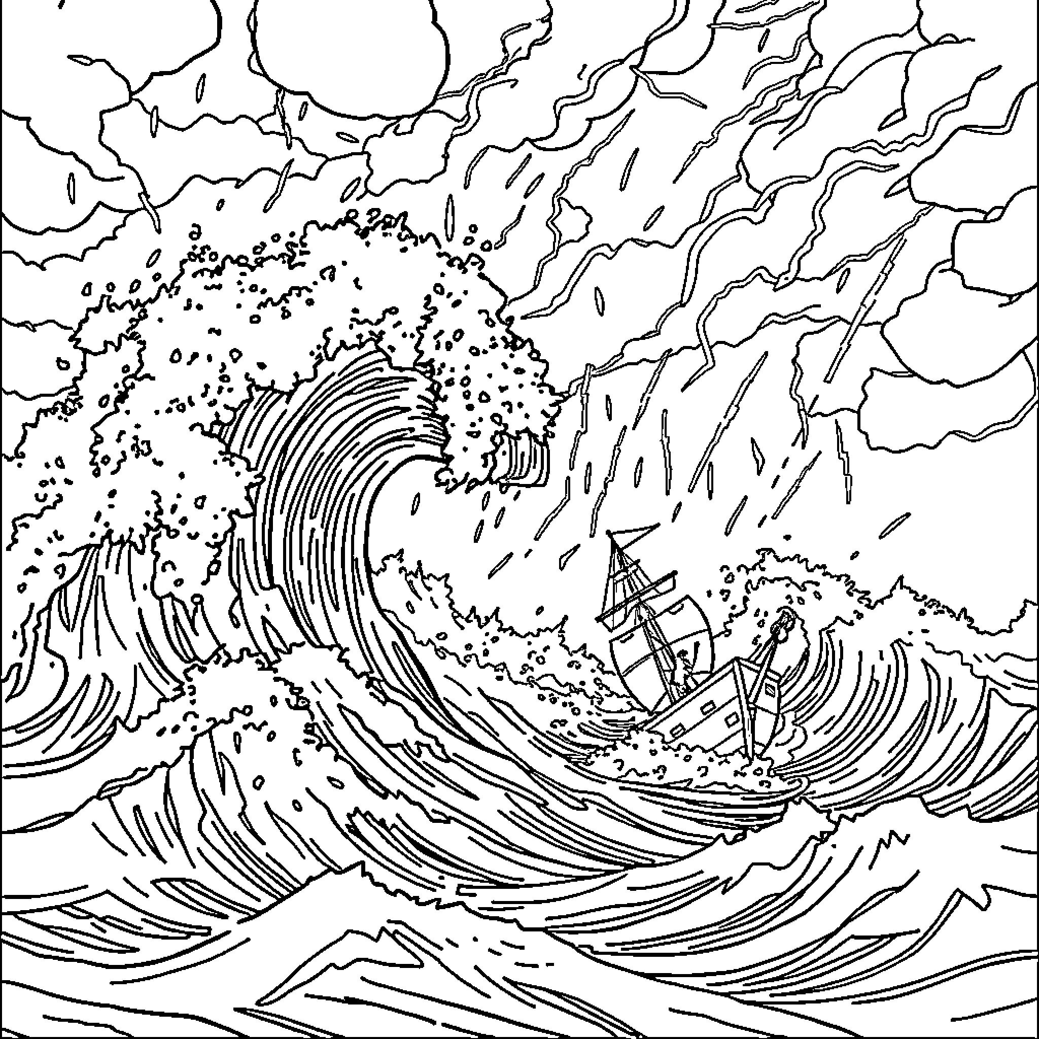 Wave crashing over a ship in a stormy sea Coloring Page (free black-and-white line drawing printable PDF for all, from beginners to advanced learners, including children, teens, adults, and seniors)