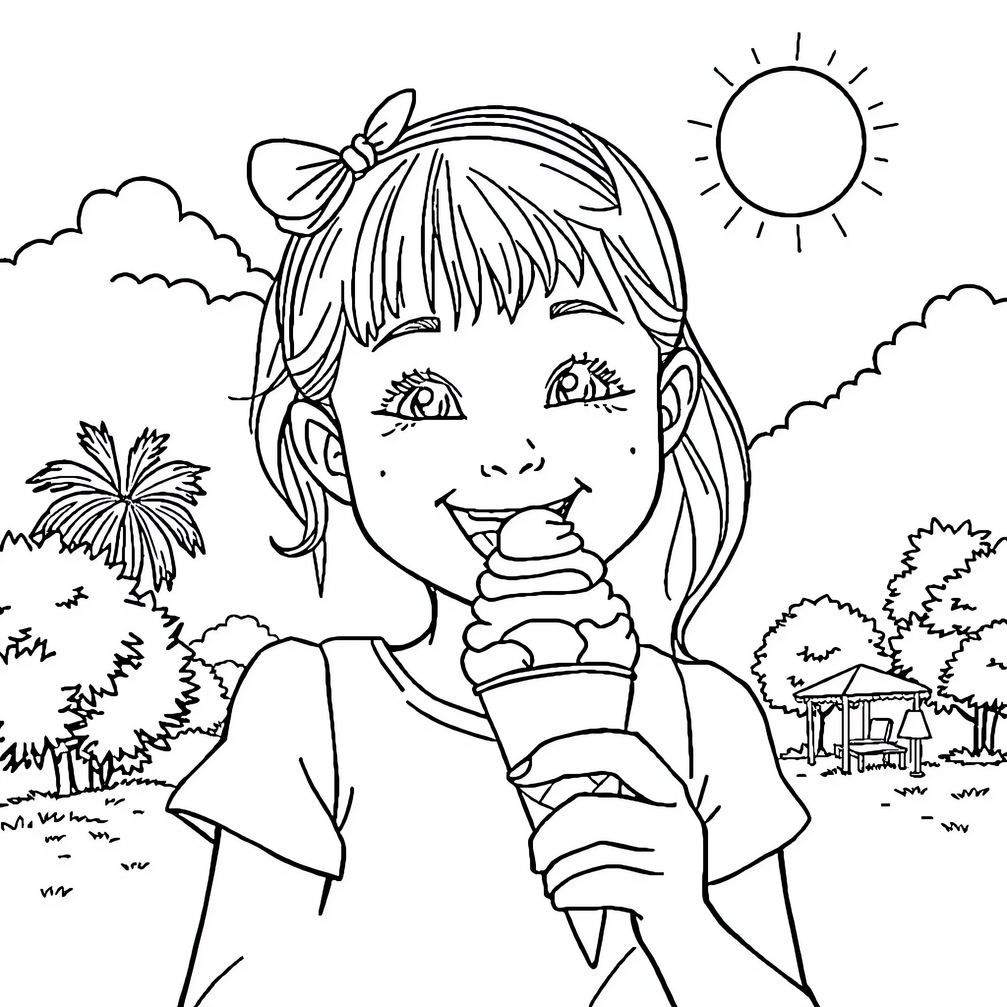 Girl happily eating ice cream in the park Coloring Page (free black-and-white line drawing printable PDF for all, from beginners to advanced learners, including children, teens, adults, and seniors)
