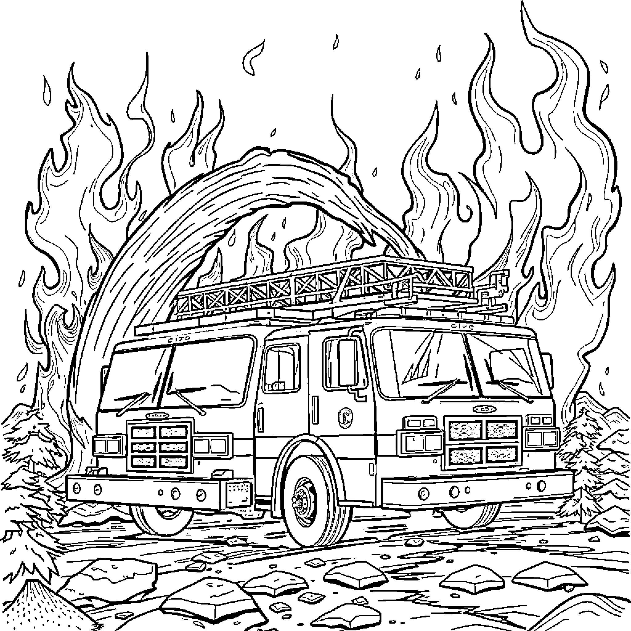 Fire Truck Rushing to Extinguish Flames in Forest Coloring Page (free black-and-white line drawing printable PDF for all, from beginners to advanced learners, including children, teens, adults, and seniors)