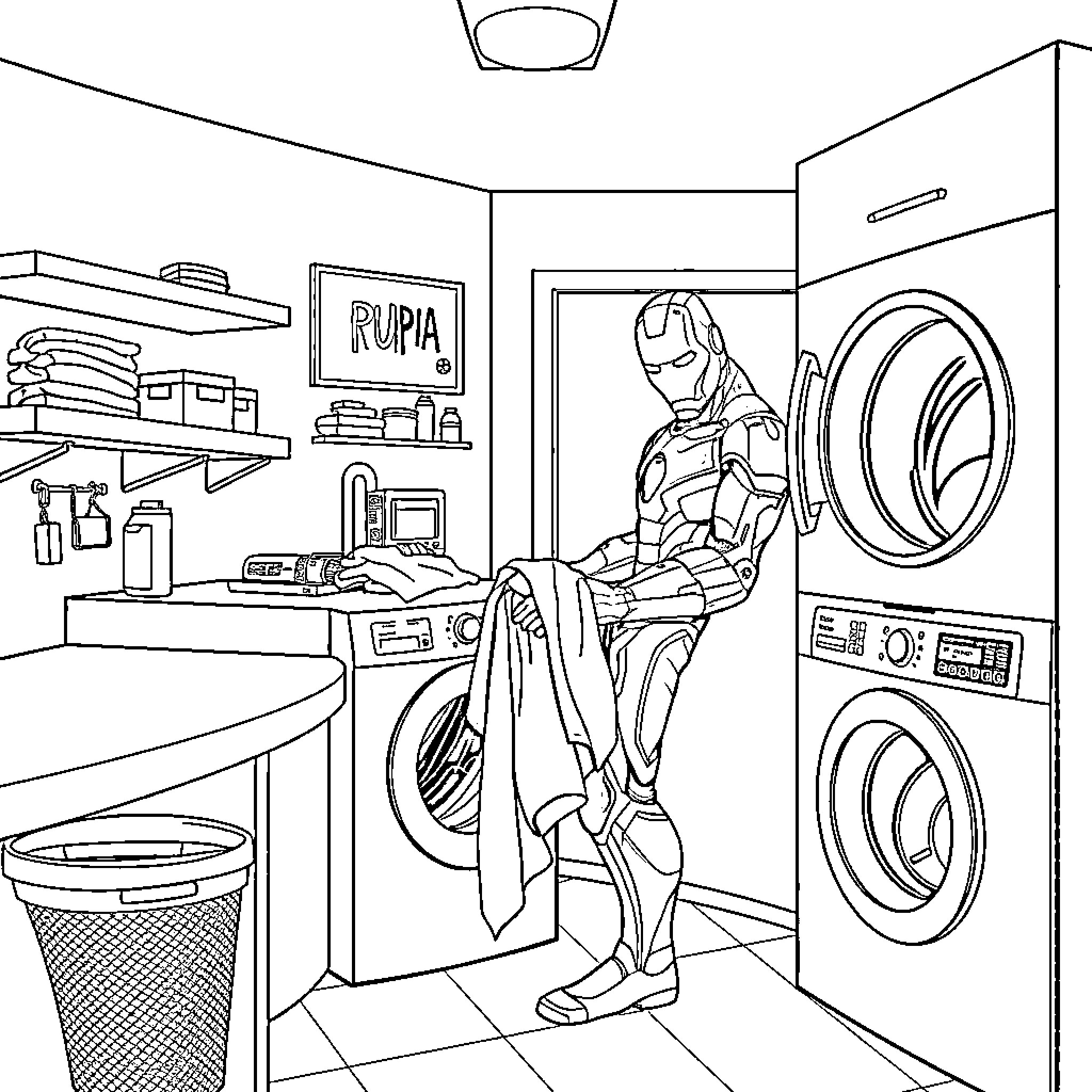 Iron Man doing laundry in a modern home Coloring Page (free black-and-white line drawing printable PDF for all, from beginners to advanced learners, including children, teens, adults, and seniors)