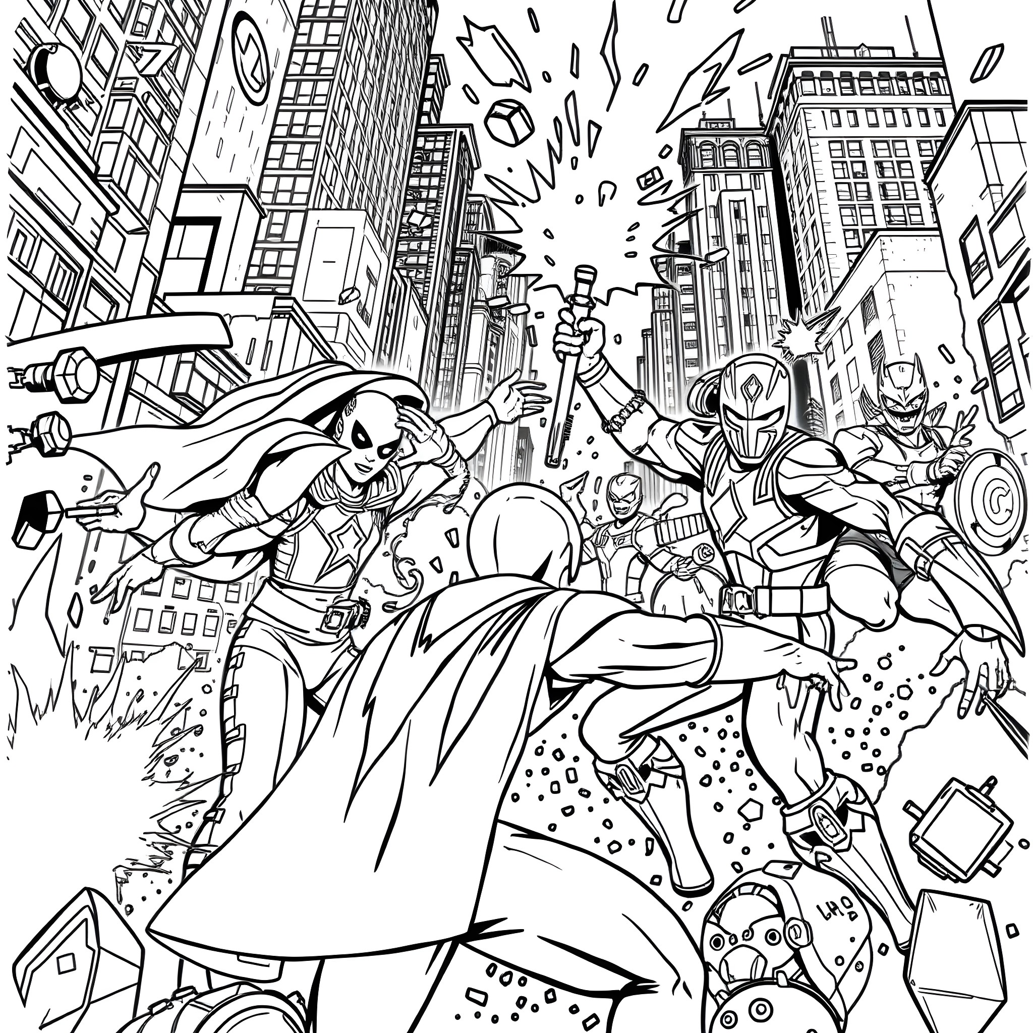 Avengers Assemble in Epic City Battle Coloring Page (free black-and-white line drawing printable PDF for all, from beginners to advanced learners, including children, teens, adults, and seniors)