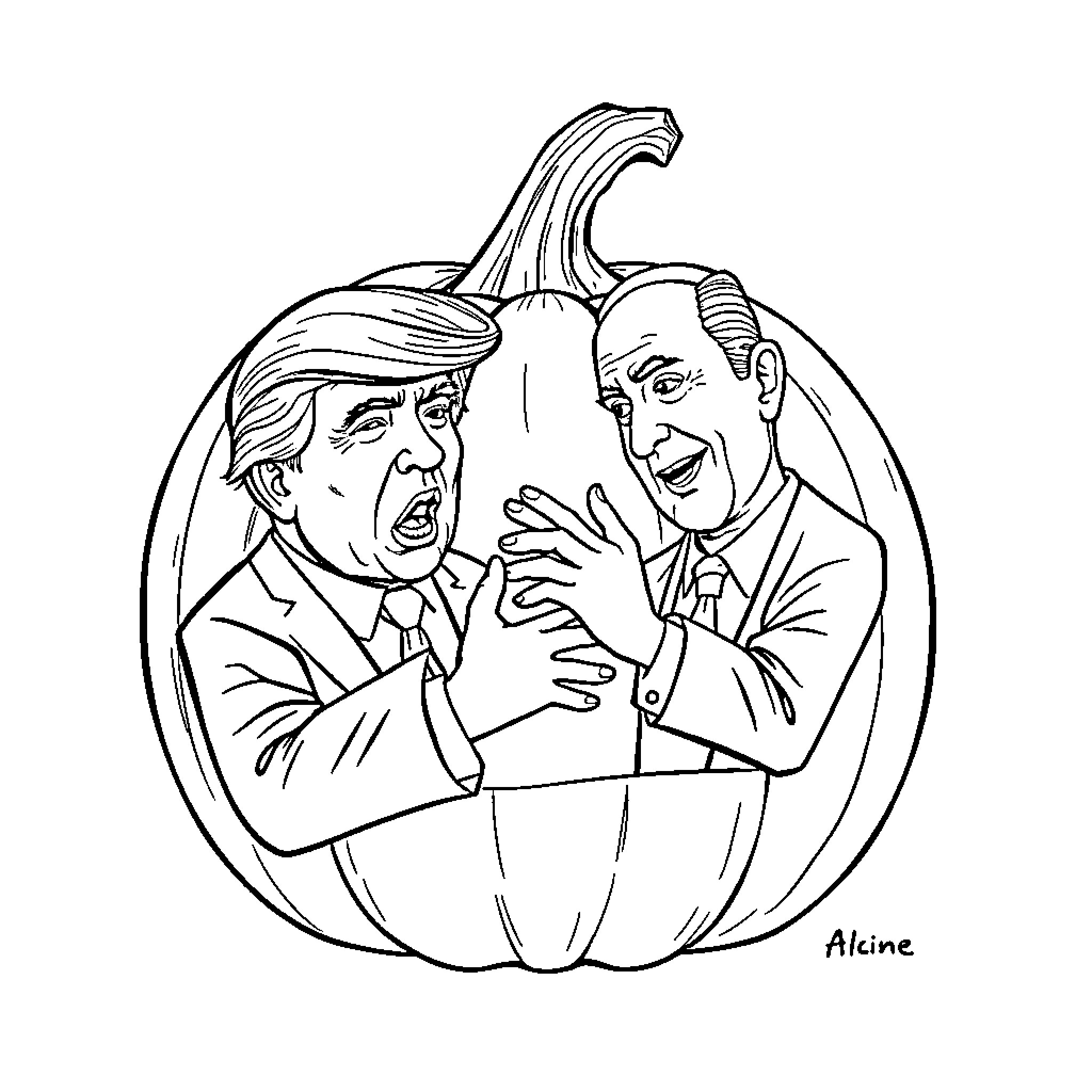 Pumpkin with Arguing Political Figures Coloring Page (free black-and-white line drawing printable PDF for all, from beginners to advanced learners, including children, teens, adults, and seniors)