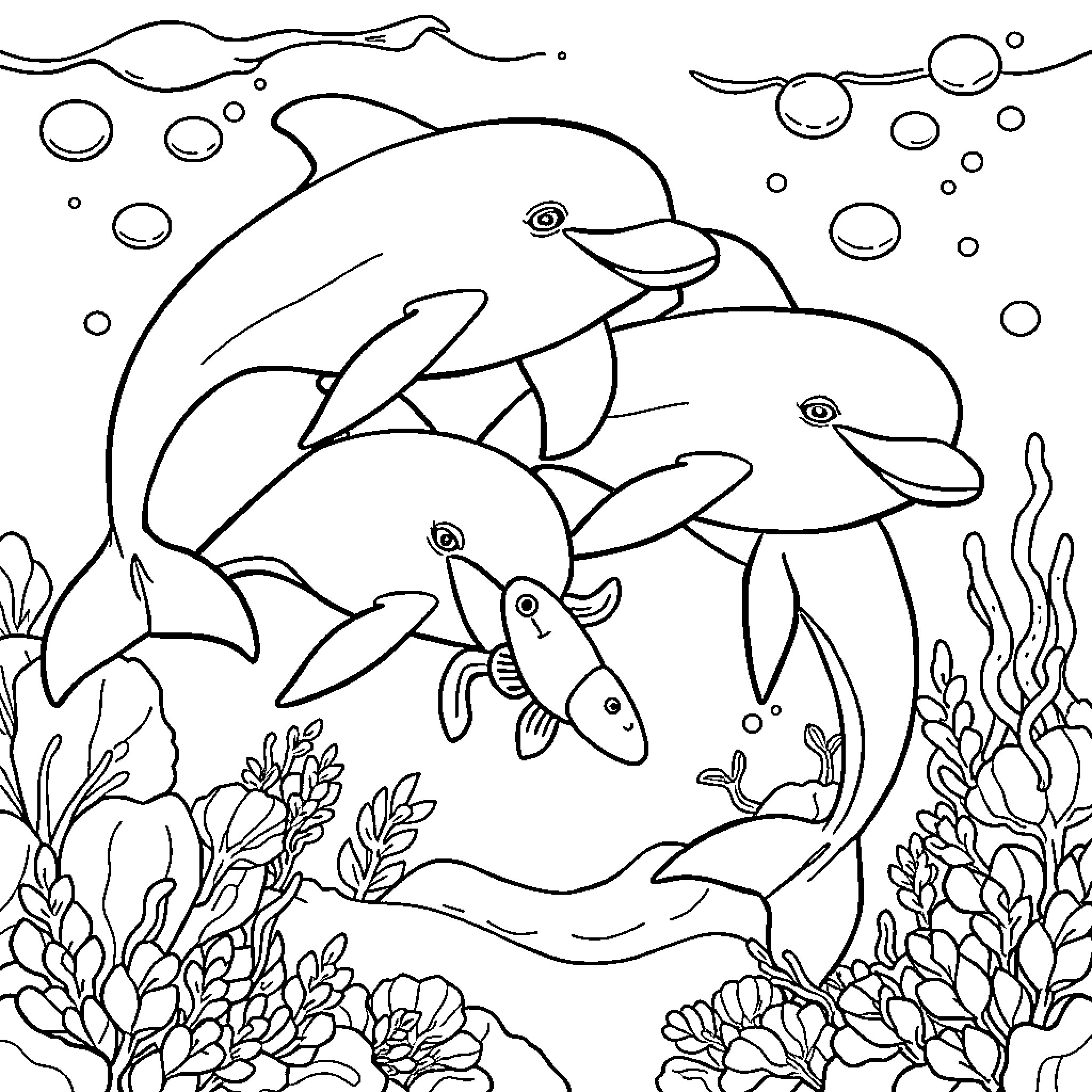 Dolphin playing with fish in the ocean Coloring Page (free black-and-white line drawing printable PDF for all, from beginners to advanced learners, including children, teens, adults, and seniors)