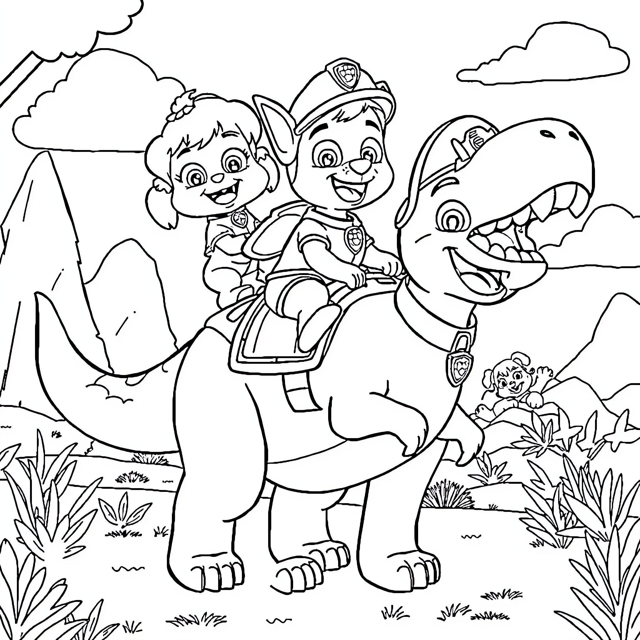 Paw Patrol members riding dinosaur in nature setting Coloring Page (free black-and-white line drawing printable PDF for all, from beginners to advanced learners, including children, teens, adults, and seniors)