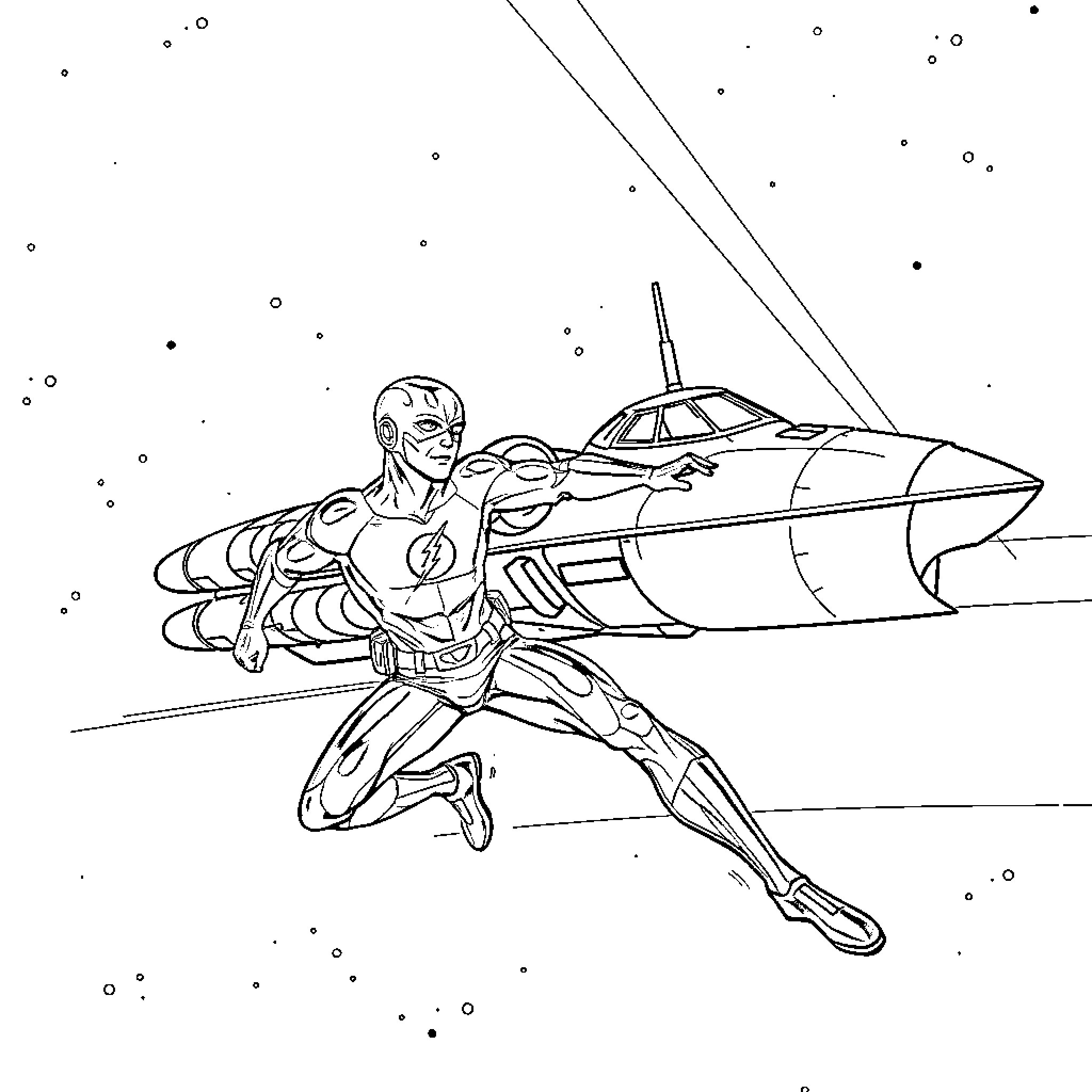 Flash Racing Futuristic Spacecraft in Space Coloring Page (free black-and-white line drawing printable PDF for all, from beginners to advanced learners, including children, teens, adults, and seniors)