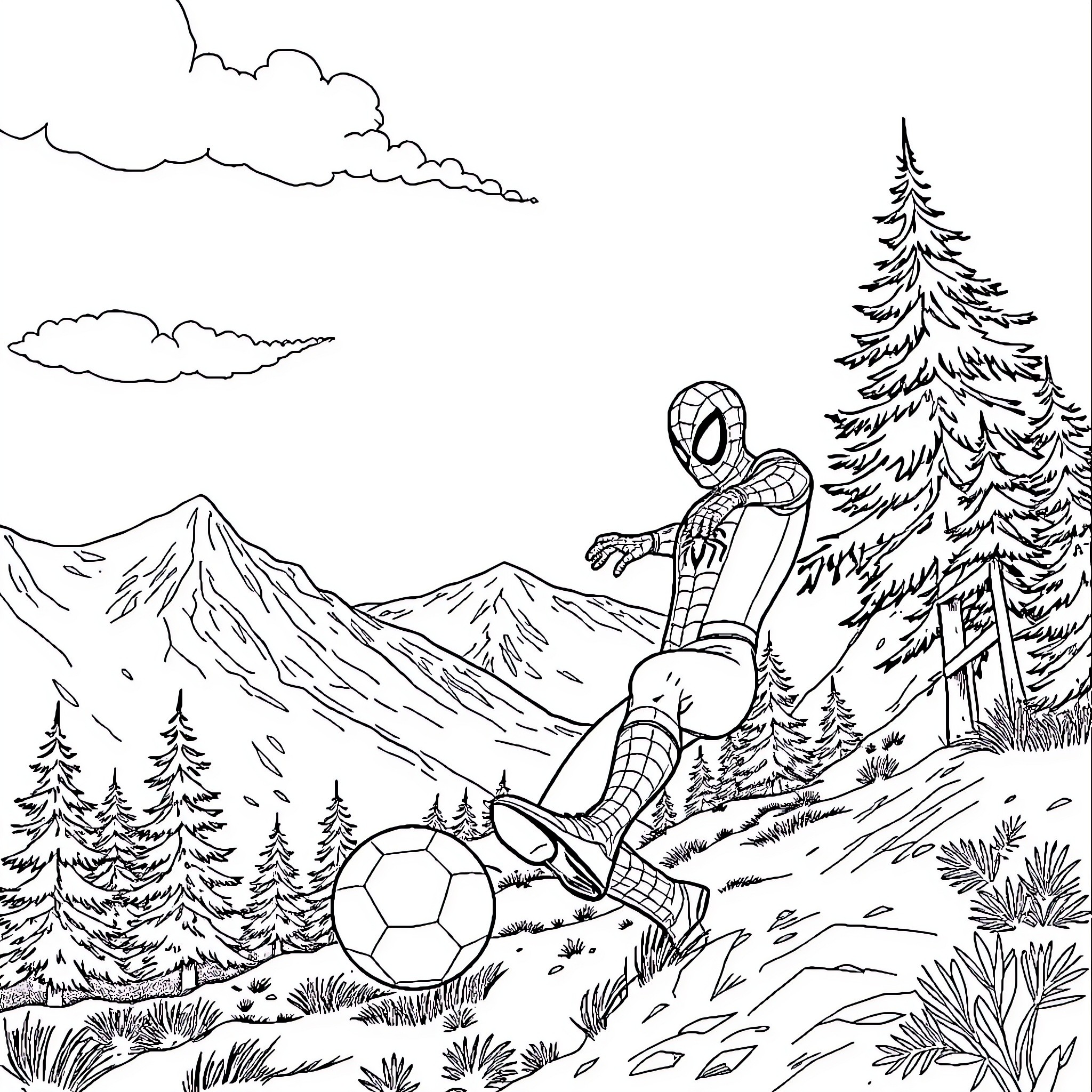 Spiderman playing with a soccer ball in the mountains Coloring Page (free black-and-white line drawing printable PDF for all, from beginners to advanced learners, including children, teens, adults, and seniors)