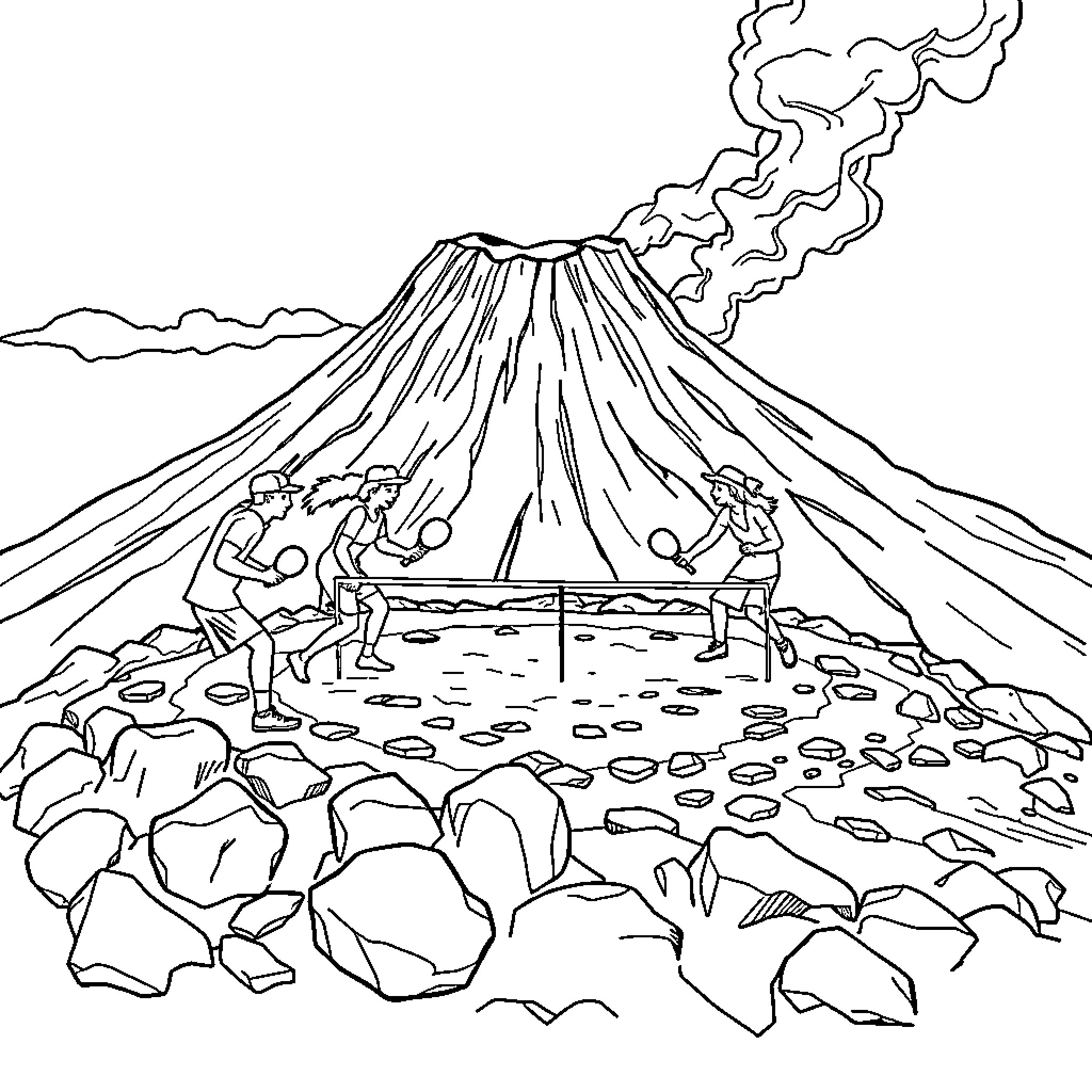 SGA Volcano eruption and tribal people gathering Coloring Page (free black-and-white line drawing printable PDF for all, from beginners to advanced learners, including children, teens, adults, and seniors)