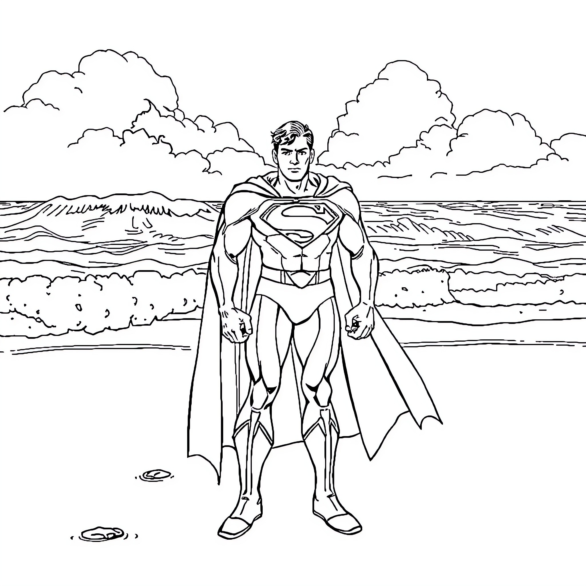 Superman standing heroically on a beach Coloring Page (free black-and-white line drawing printable PDF for all, from beginners to advanced learners, including children, teens, adults, and seniors)