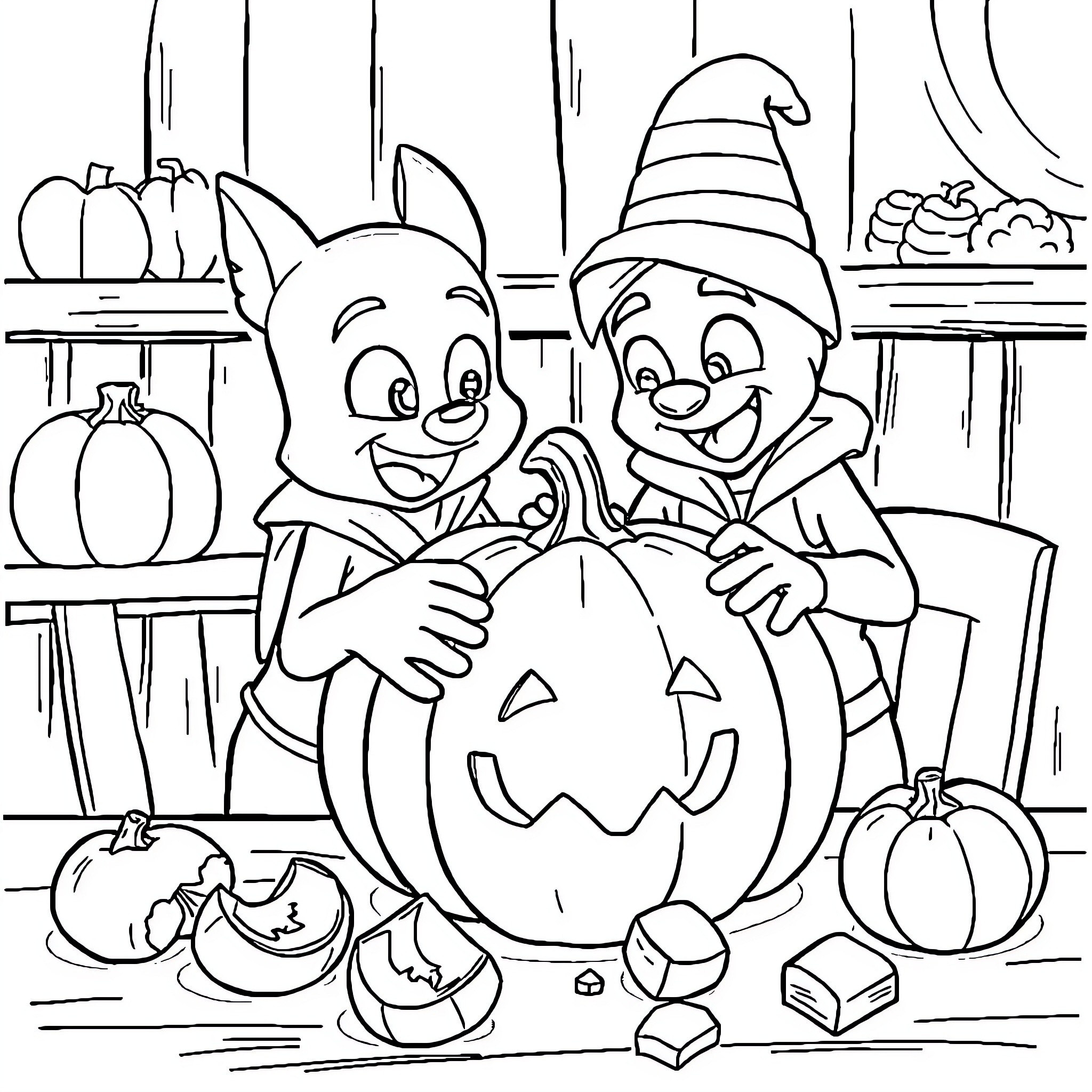 Bluey and Bingo Celebrate Halloween Coloring Page (free black-and-white line drawing printable PDF for all, from beginners to advanced learners, including children, teens, adults, and seniors)