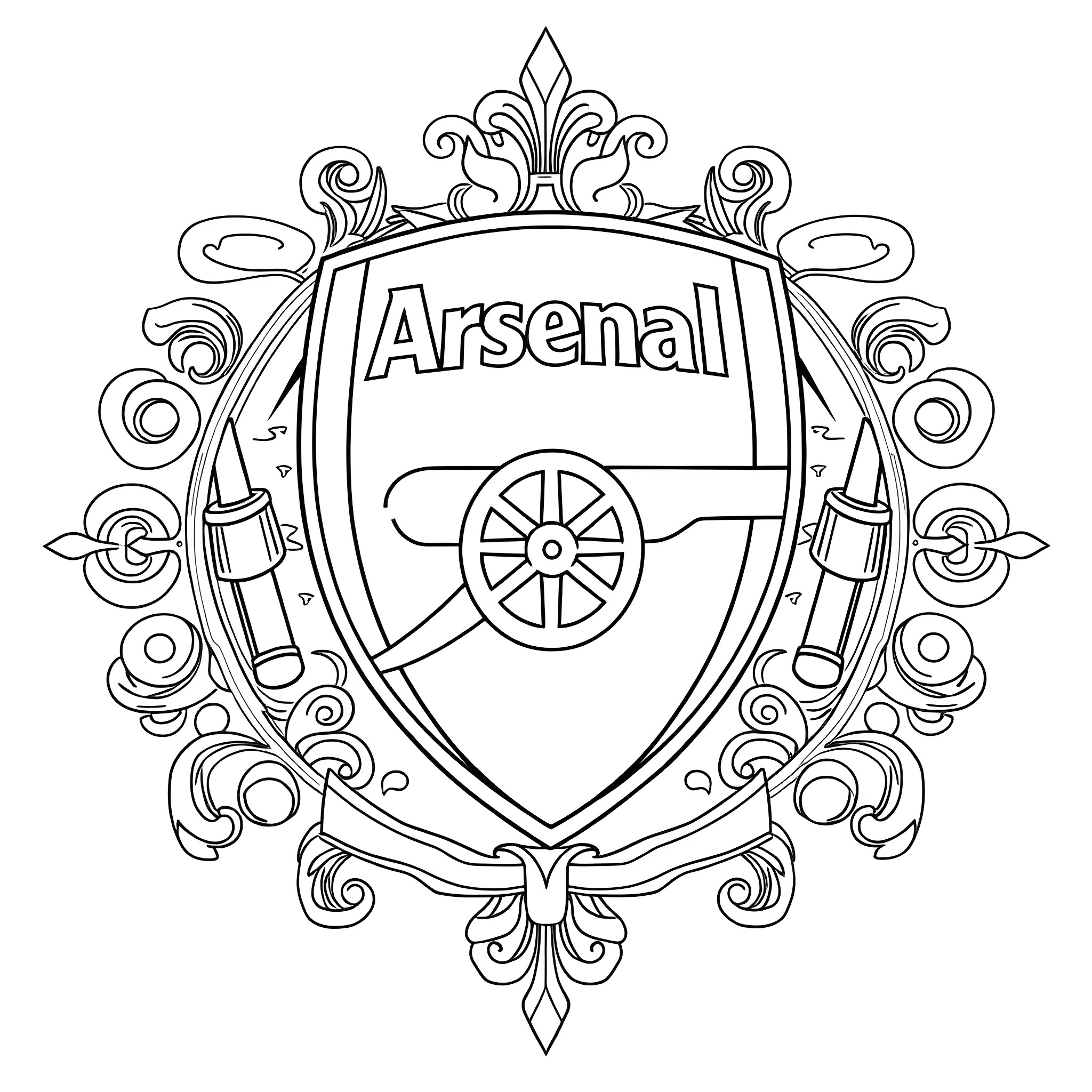 Arsenal Crest with Ornate Detailing Coloring Page (free black-and-white line drawing printable PDF for all, from beginners to advanced learners, including children, teens, adults, and seniors)