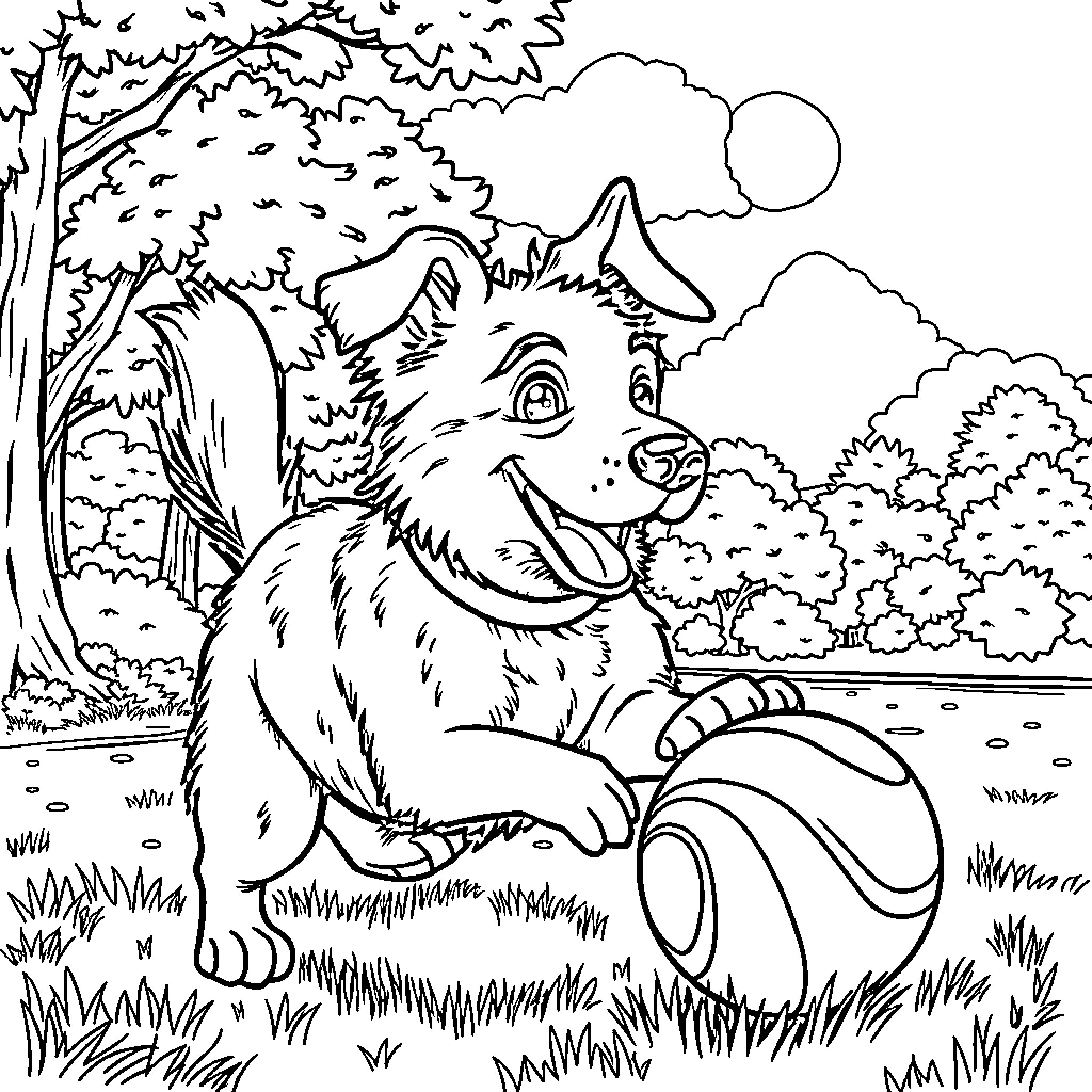 Dog happily exploring the forest scenery Coloring Page (free black-and-white line drawing printable PDF for all, from beginners to advanced learners, including children, teens, adults, and seniors)