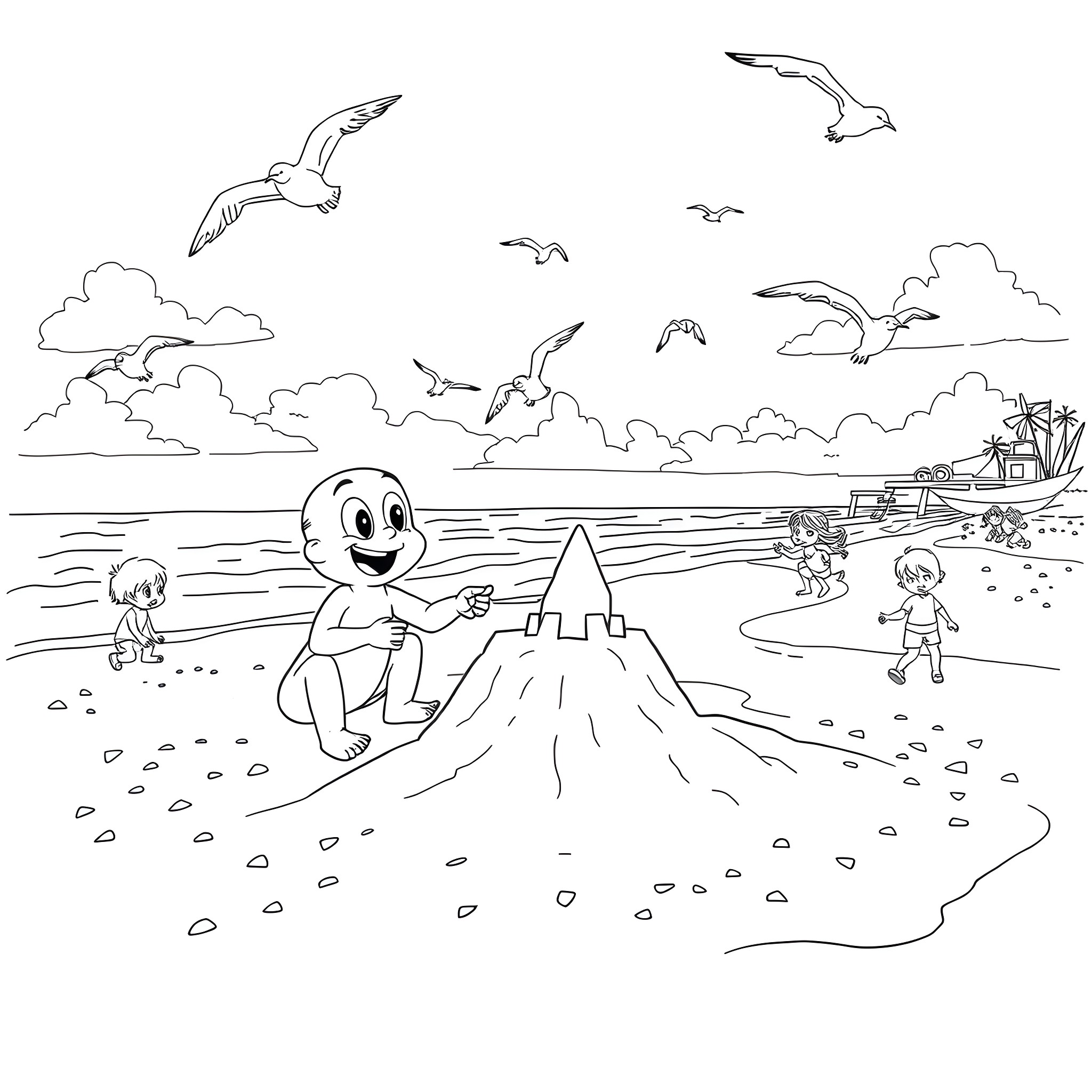 Bluey's Beach Adventure with Friends Coloring Page (free black-and-white line drawing printable PDF for all, from beginners to advanced learners, including children, teens, adults, and seniors)