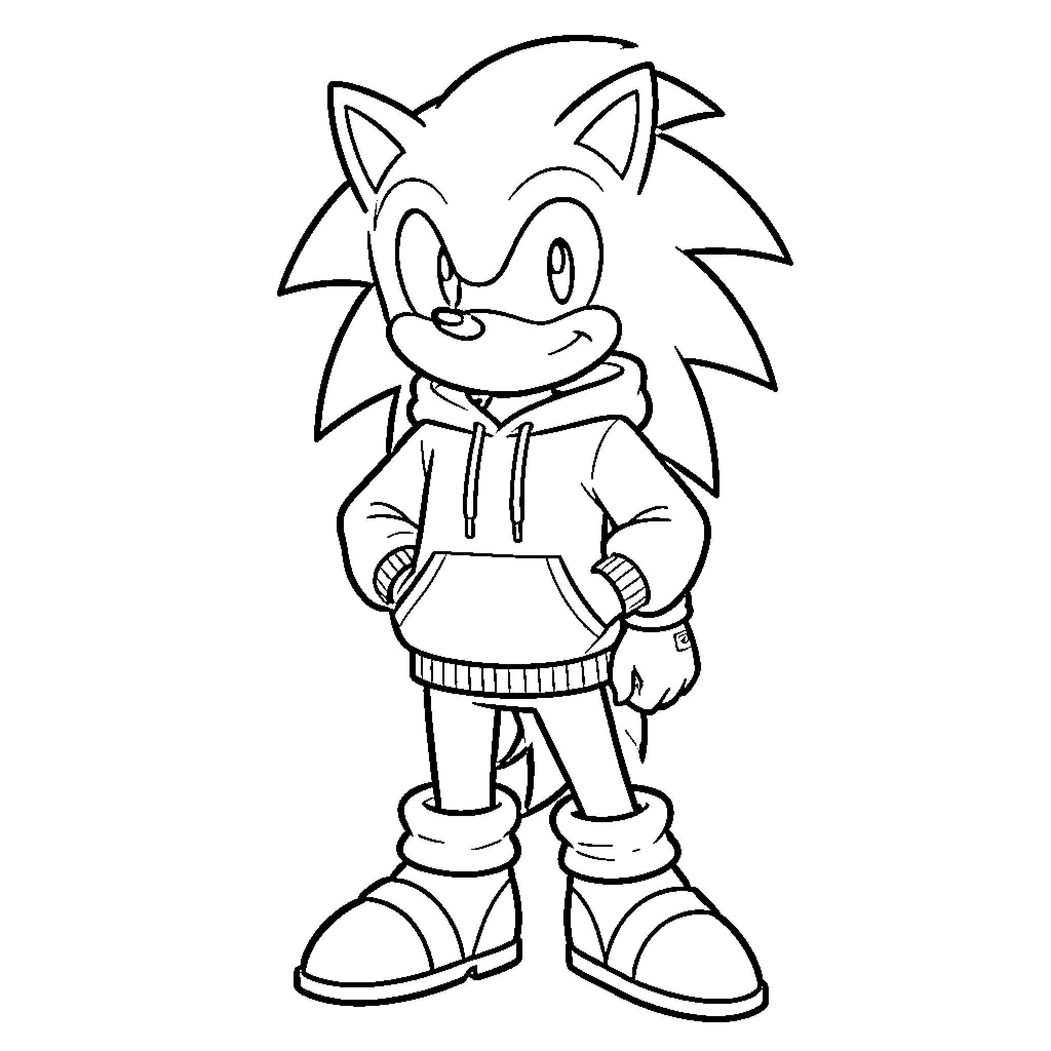 Sonic wearing a hoodie and smiling Coloring Page (free black-and-white line drawing printable PDF for all, from beginners to advanced learners, including children, teens, adults, and seniors)