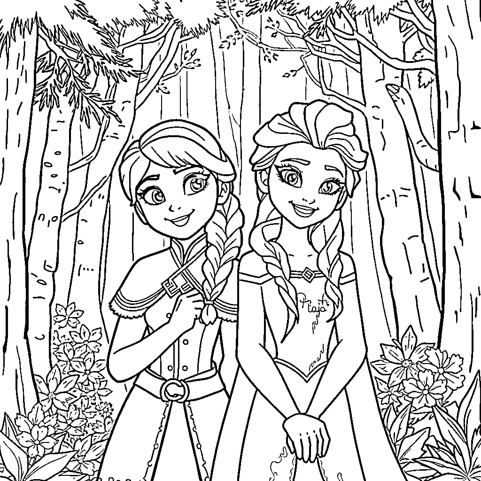 Mira's Woodland Adventure with Elsa Coloring Page (free black-and-white line drawing printable PDF for all, from beginners to advanced learners, including children, teens, adults, and seniors)