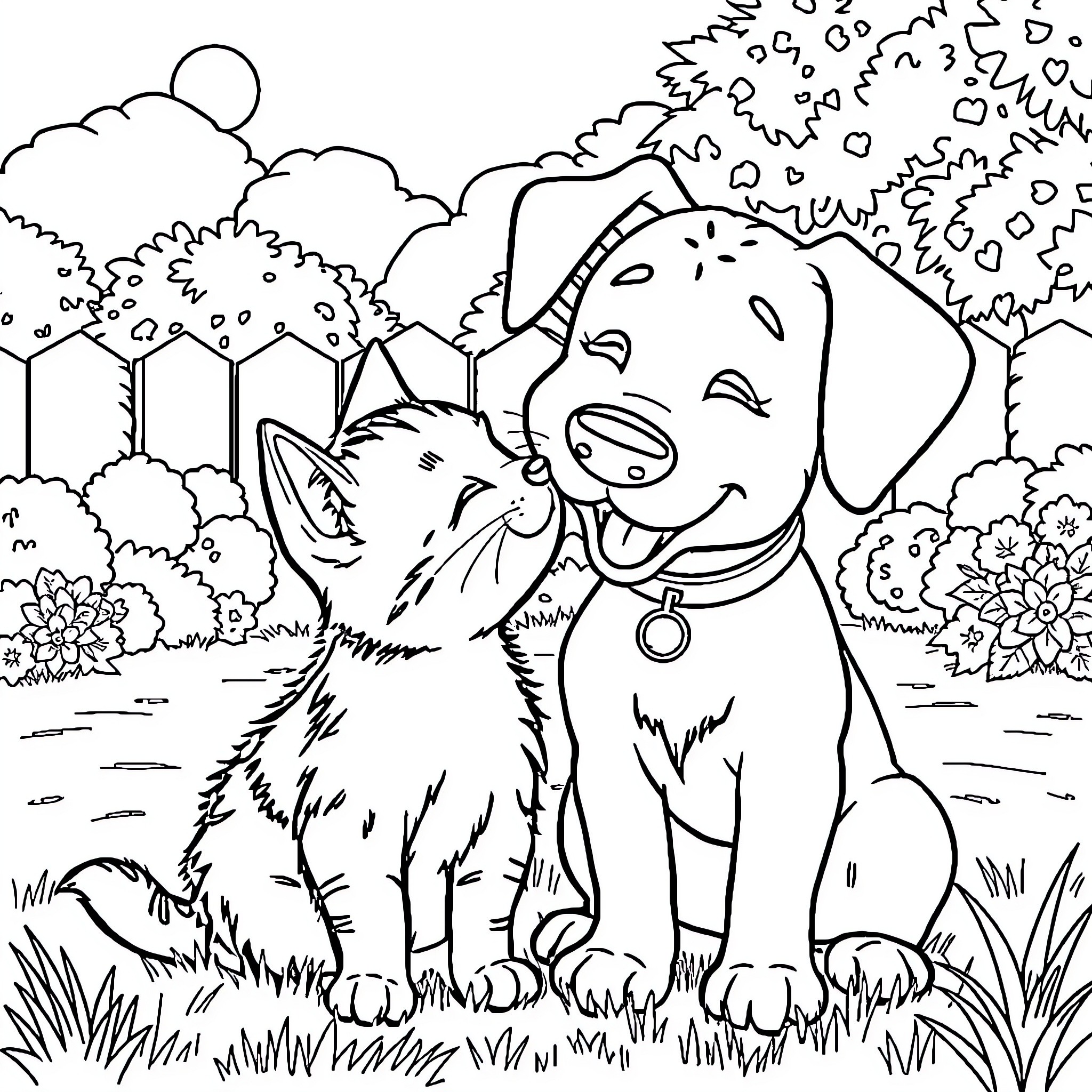 Cat and dog playing happily in nature Coloring Page (free black-and-white line drawing printable PDF for all, from beginners to advanced learners, including children, teens, adults, and seniors)
