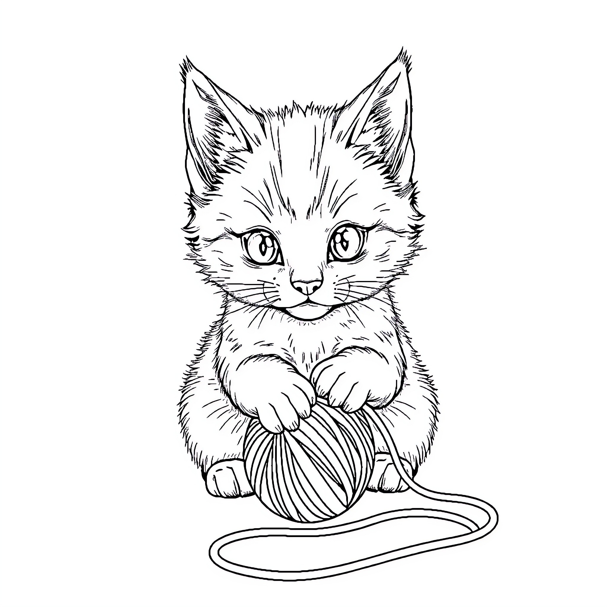 Cat playing with yarn Coloring Page (free black-and-white line drawing printable PDF for all, from beginners to advanced learners, including children, teens, adults, and seniors)