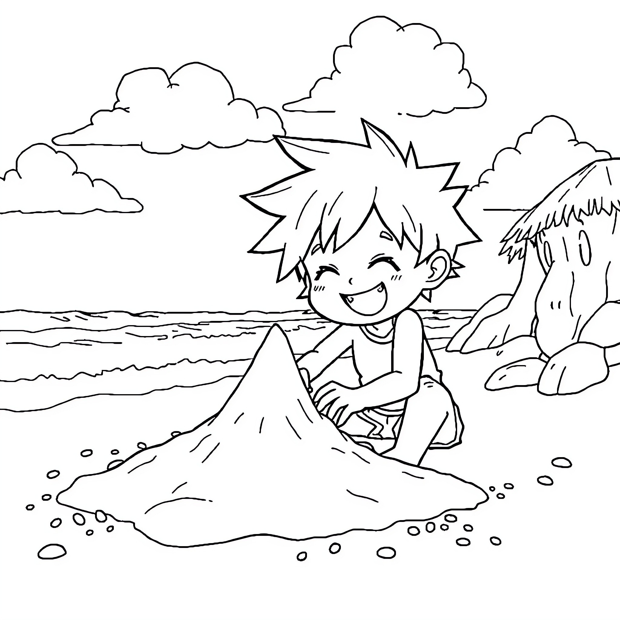 Child playing happily on the beach Coloring Page (free black-and-white line drawing printable PDF for all, from beginners to advanced learners, including children, teens, adults, and seniors)