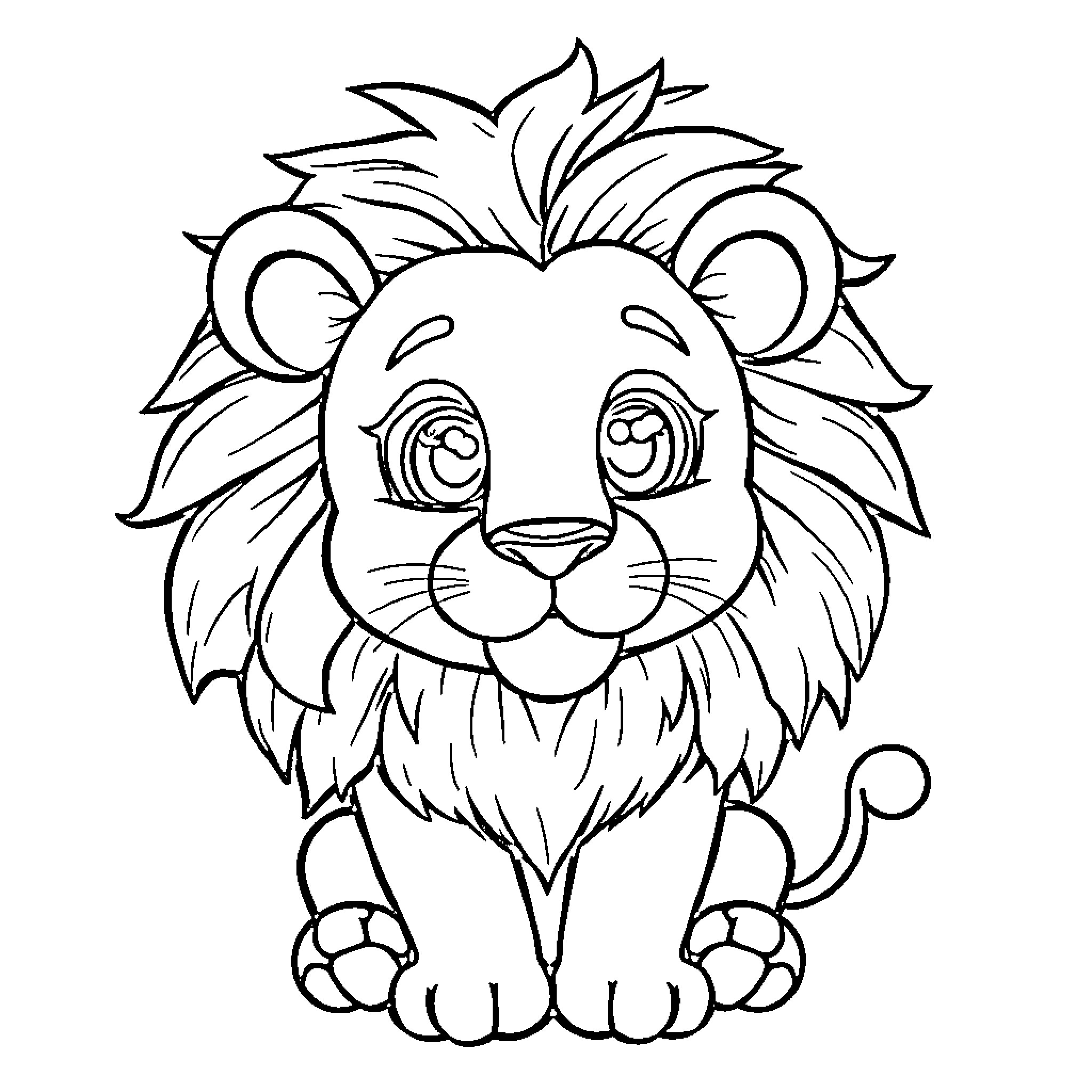 Lion with big eyes and happy expression Coloring Page (free black-and-white line drawing printable PDF for all, from beginners to advanced learners, including children, teens, adults, and seniors)
