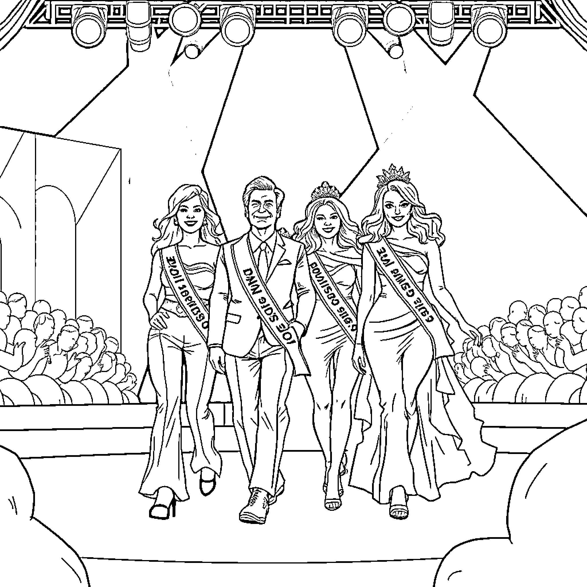 Ice Agent Pageant Contestants on Stage Coloring Page (free black-and-white line drawing printable PDF for all, from beginners to advanced learners, including children, teens, adults, and seniors)
