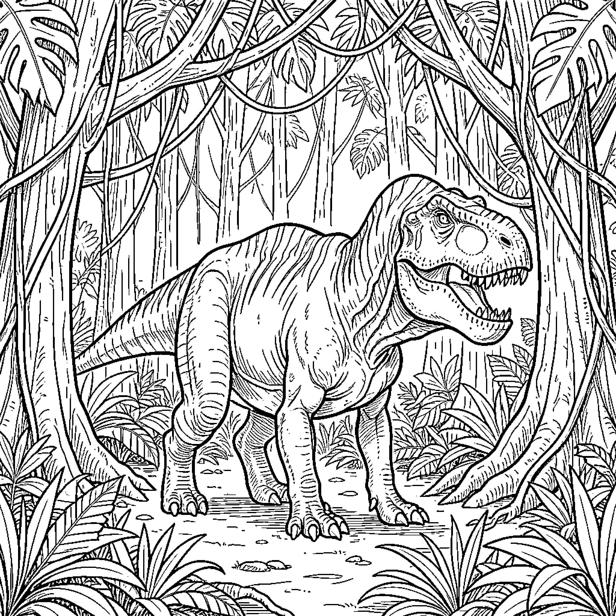 Carnotaurus walking through a dense prehistoric jungle Coloring Page (free black-and-white line drawing printable PDF for all, from beginners to advanced learners, including children, teens, adults, and seniors)