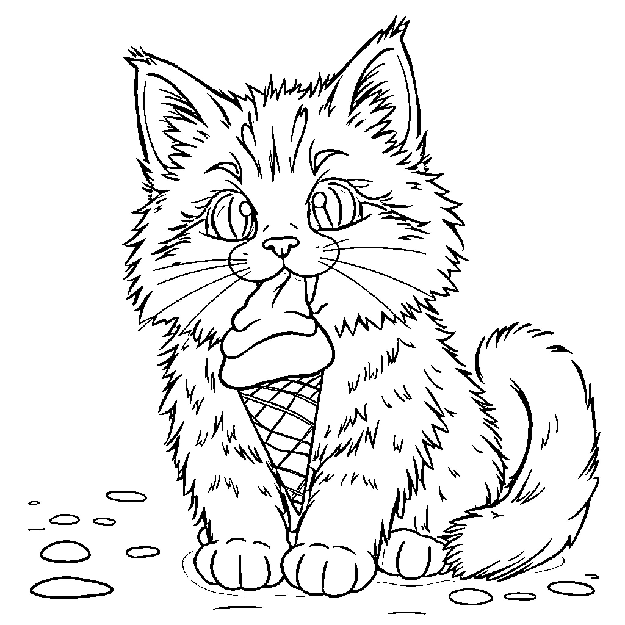Cat with Ice Cream Cone Coloring Page (free black-and-white line drawing printable PDF for all, from beginners to advanced learners, including children, teens, adults, and seniors)