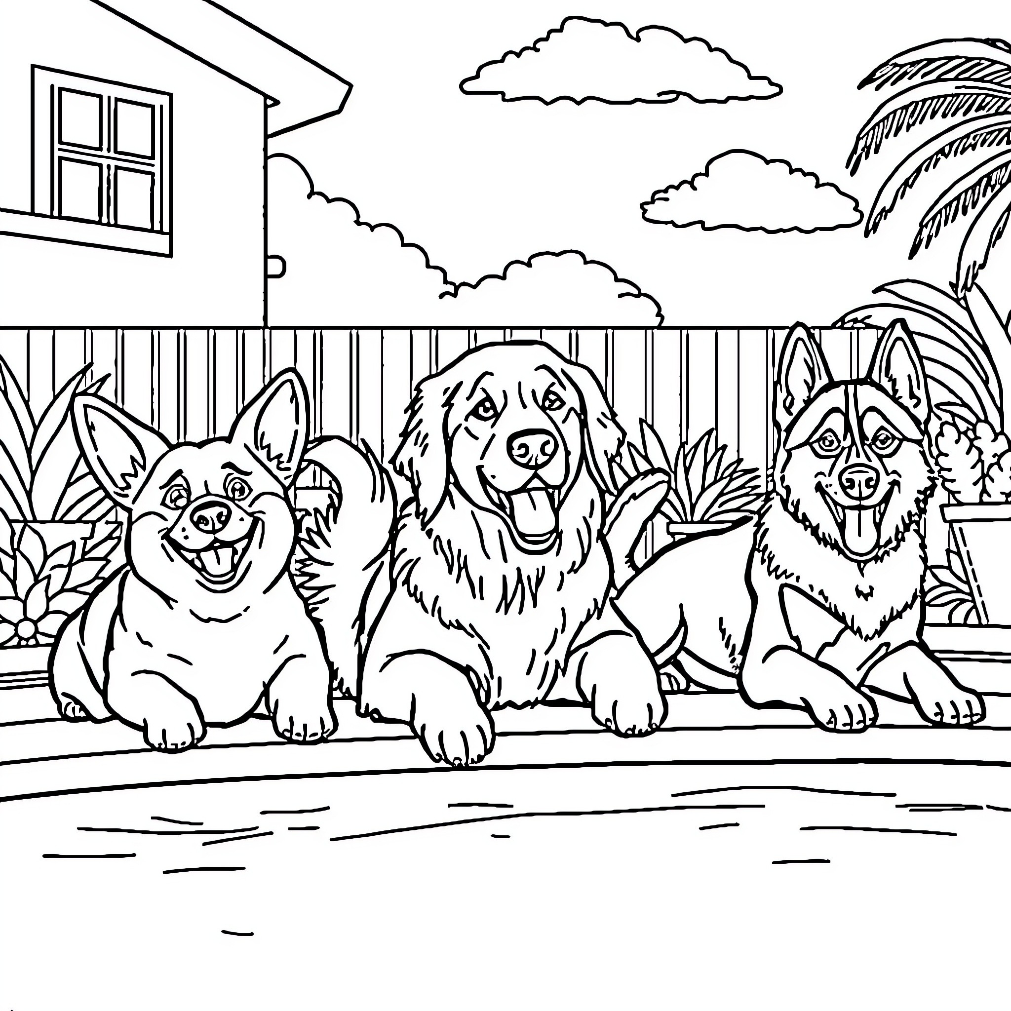Dogs playing happily in the backyard Coloring Page (free black-and-white line drawing printable PDF for all, from beginners to advanced learners, including children, teens, adults, and seniors)