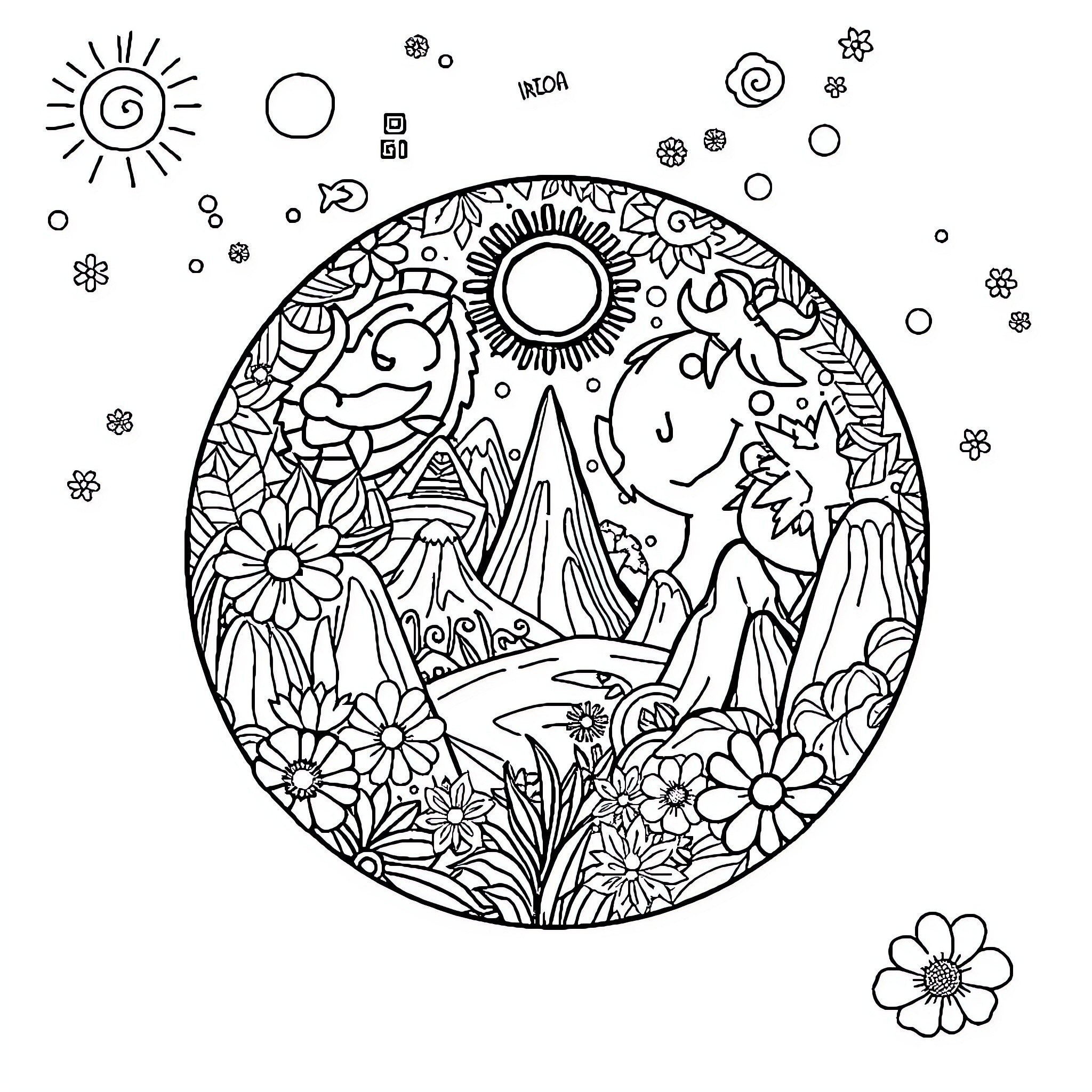 Graphic Detailed Floral Nature Scene with Figures Coloring Page (free black-and-white line drawing printable PDF for all, from beginners to advanced learners, including children, teens, adults, and seniors)