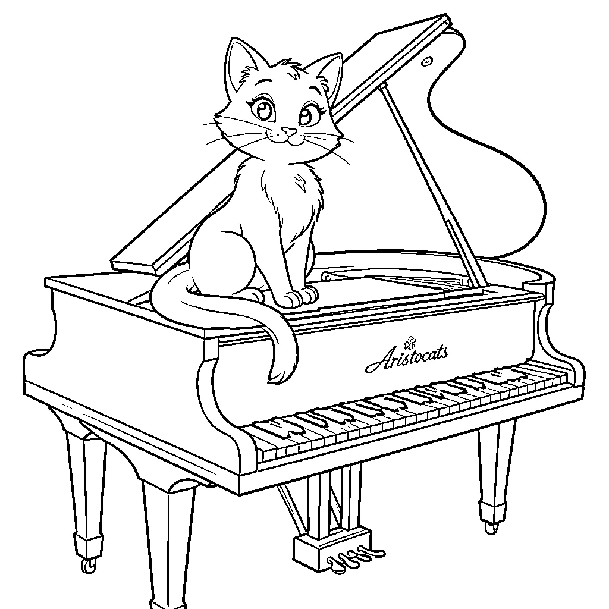 Marie sitting gracefully on a grand piano Coloring Page (free black-and-white line drawing printable PDF for all, from beginners to advanced learners, including children, teens, adults, and seniors)
