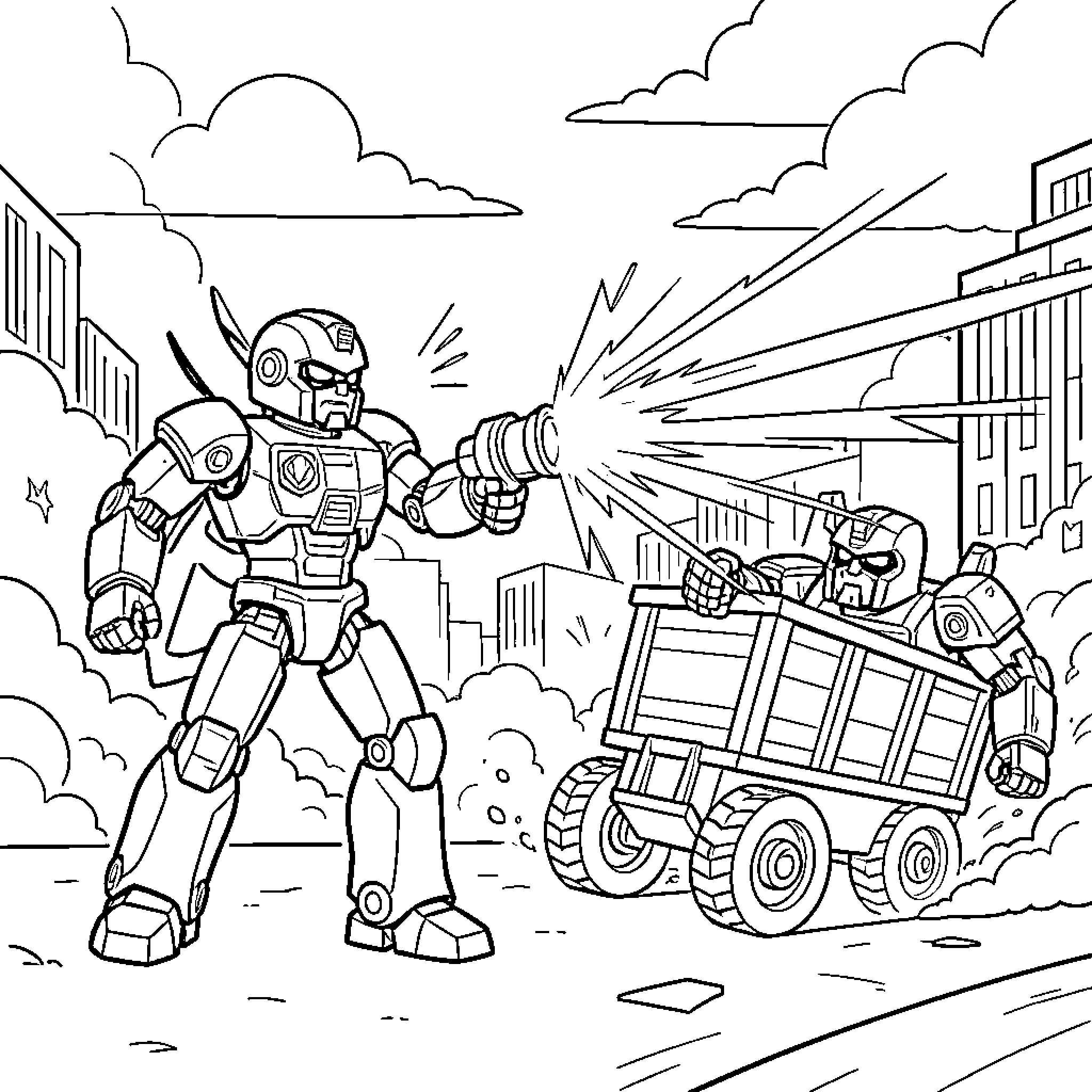 Bumblebee robot battling with another robot in the city Coloring Page (free black-and-white line drawing printable PDF for all, from beginners to advanced learners, including children, teens, adults, and seniors)
