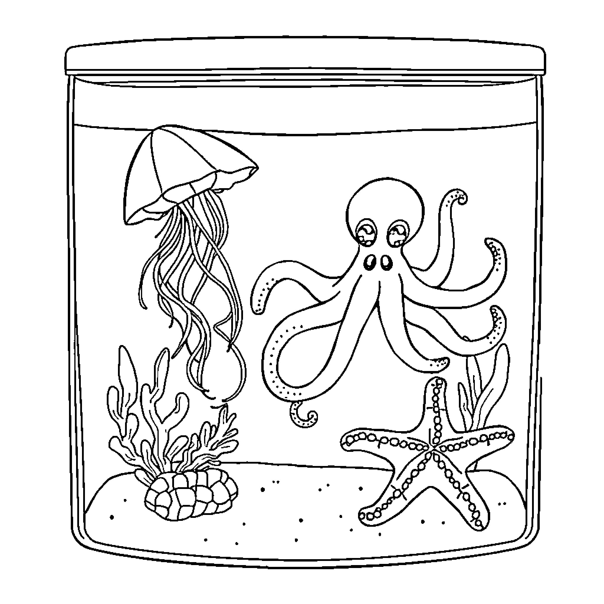 Tank of underwater creatures and objects Coloring Page (free black-and-white line drawing printable PDF for all, from beginners to advanced learners, including children, teens, adults, and seniors)